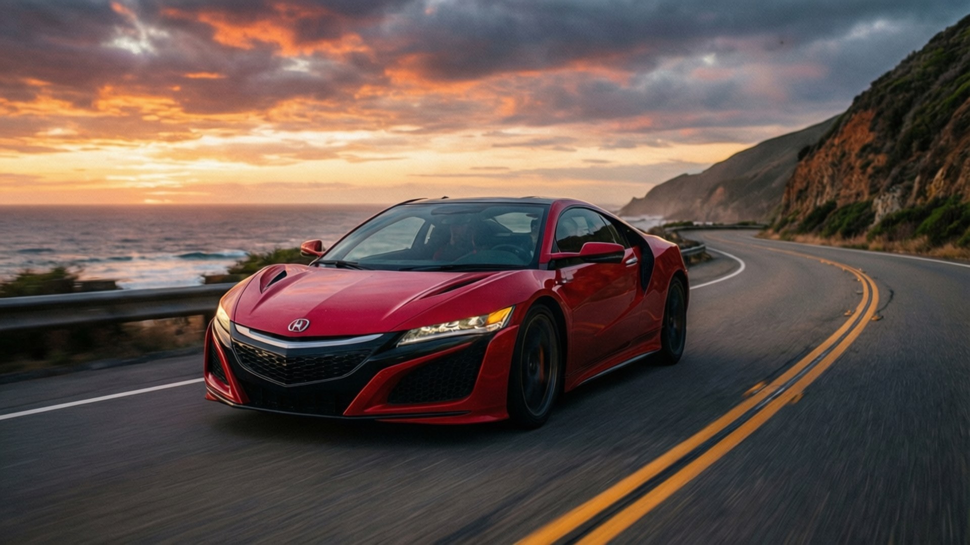 NSX Sunset Run 壁紙 — 一輛充滿活力的紅色本田NSX跑車在日落時分沿著海岸高速公路疾馳，伴隨著戲劇性的橙色雲彩和海浪。