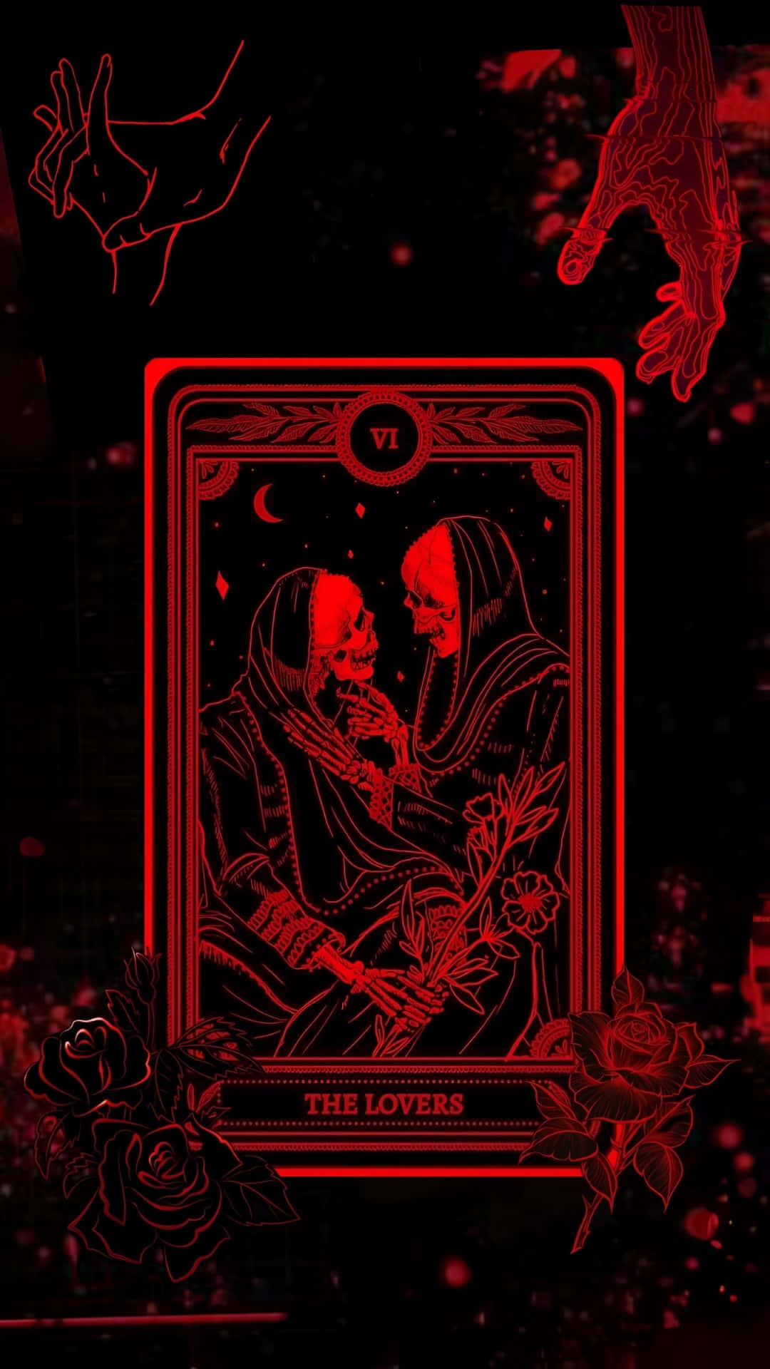  壁紙 — 一張紅色燈光的塔羅牌，描繪骷髏戀人在黑暗背景中手持玫瑰，周圍有漂浮的手。