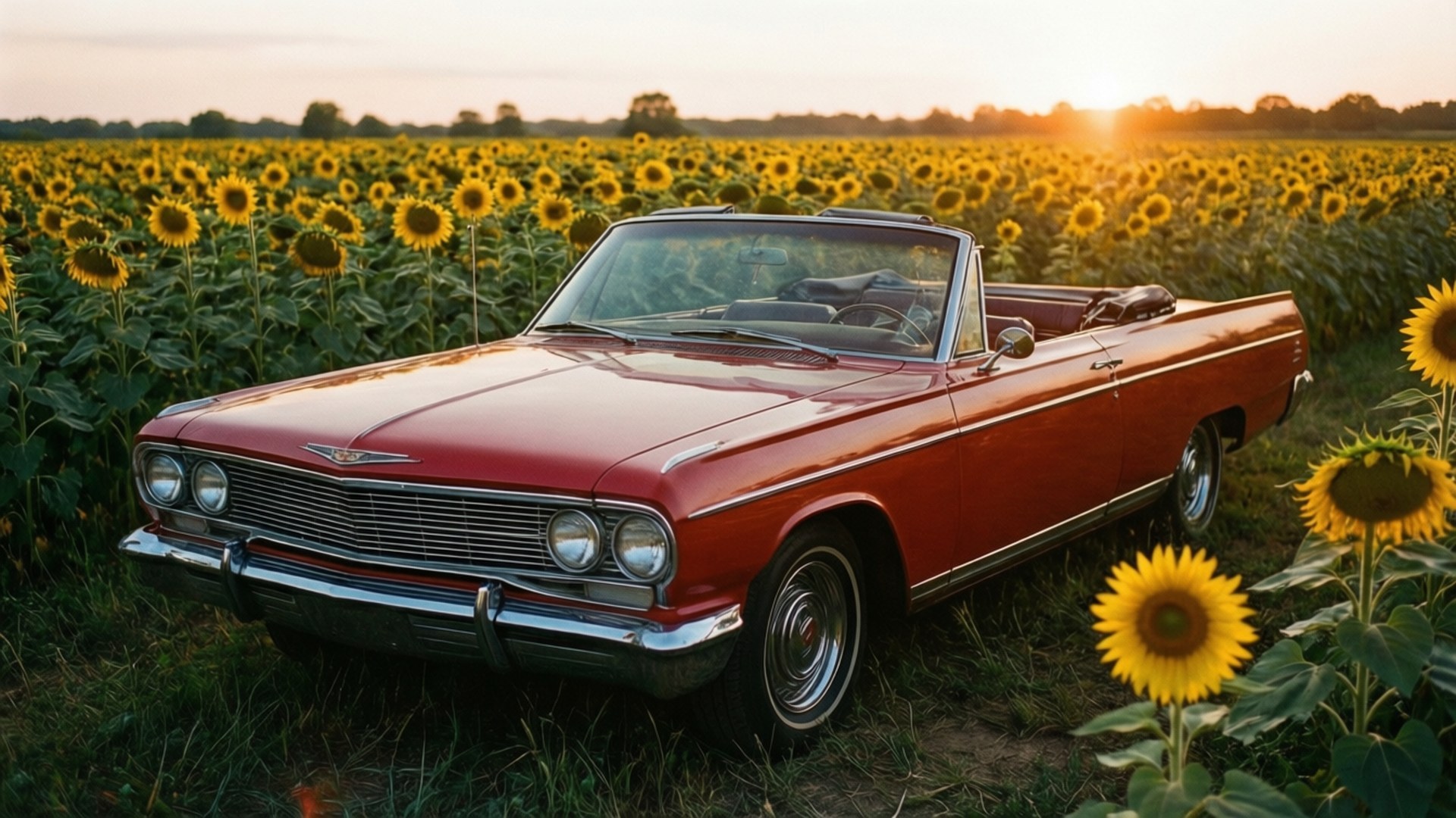 Classic Car Among Sunflowers 壁紙 — 一輛經典紅色敞篷車停放在金色日落時分廣闊的向日葵田之中。