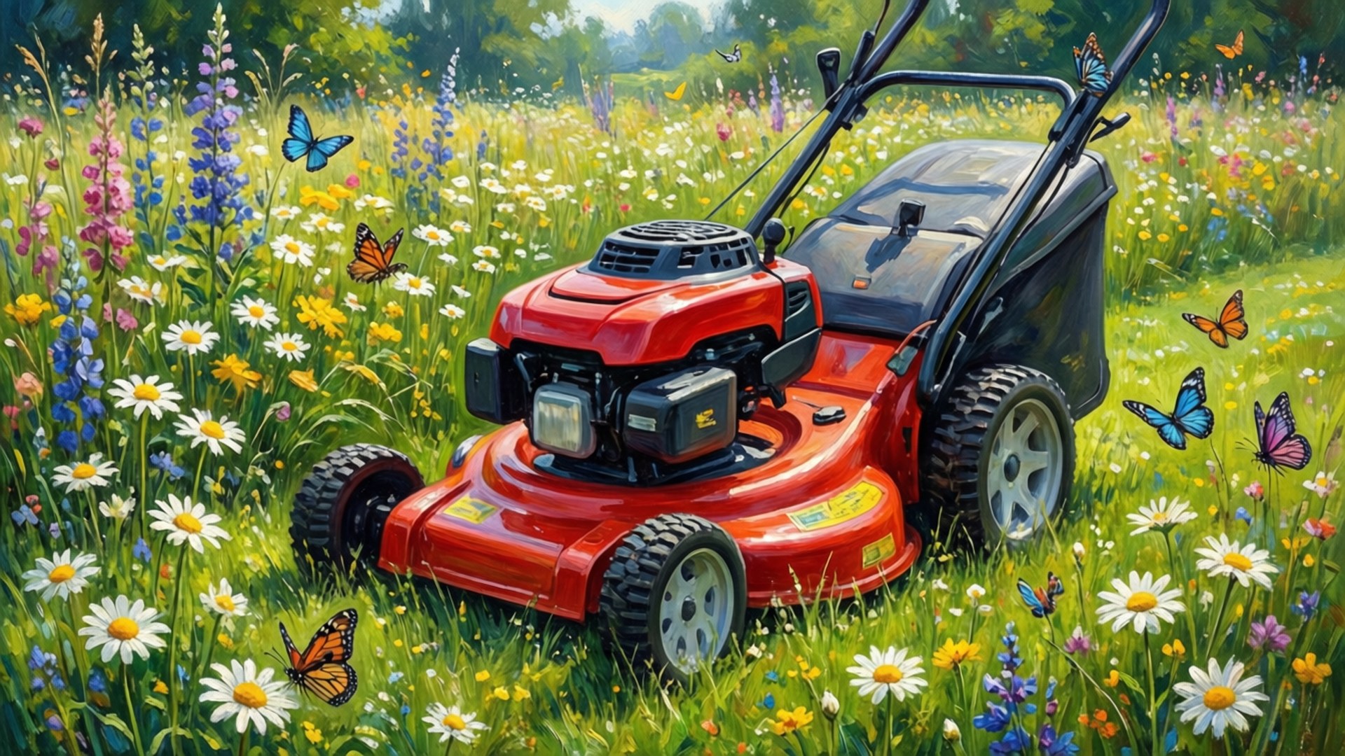 Mower in Wildflowers 壁紙 — 一台紅色割草機在充滿野花和蝴蝶飛舞的 vibrant 草地上休息，陽光明媚。