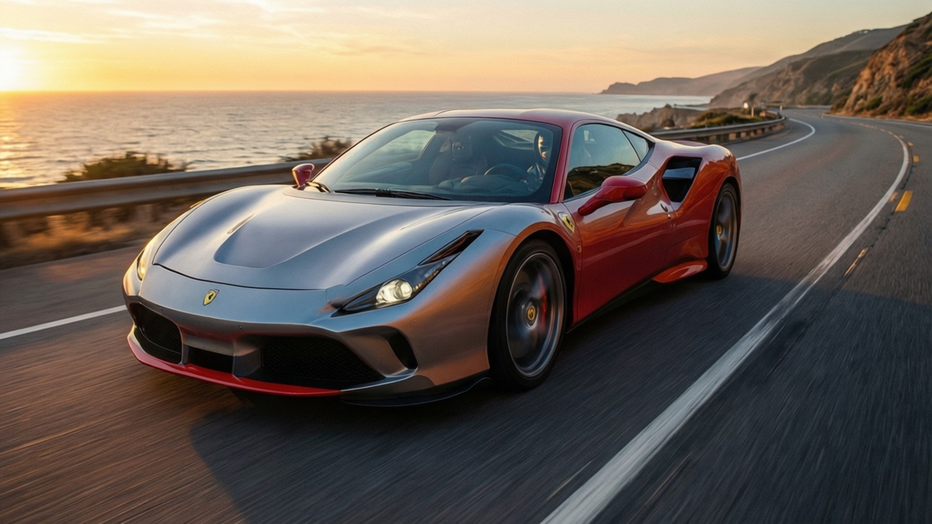 Sunset Supercar Run 壁紙 — 一輛時尚的紅色和銀色法拉利跑車在日落時沿著海岸公路飛馳，背景是海洋和懸崖。