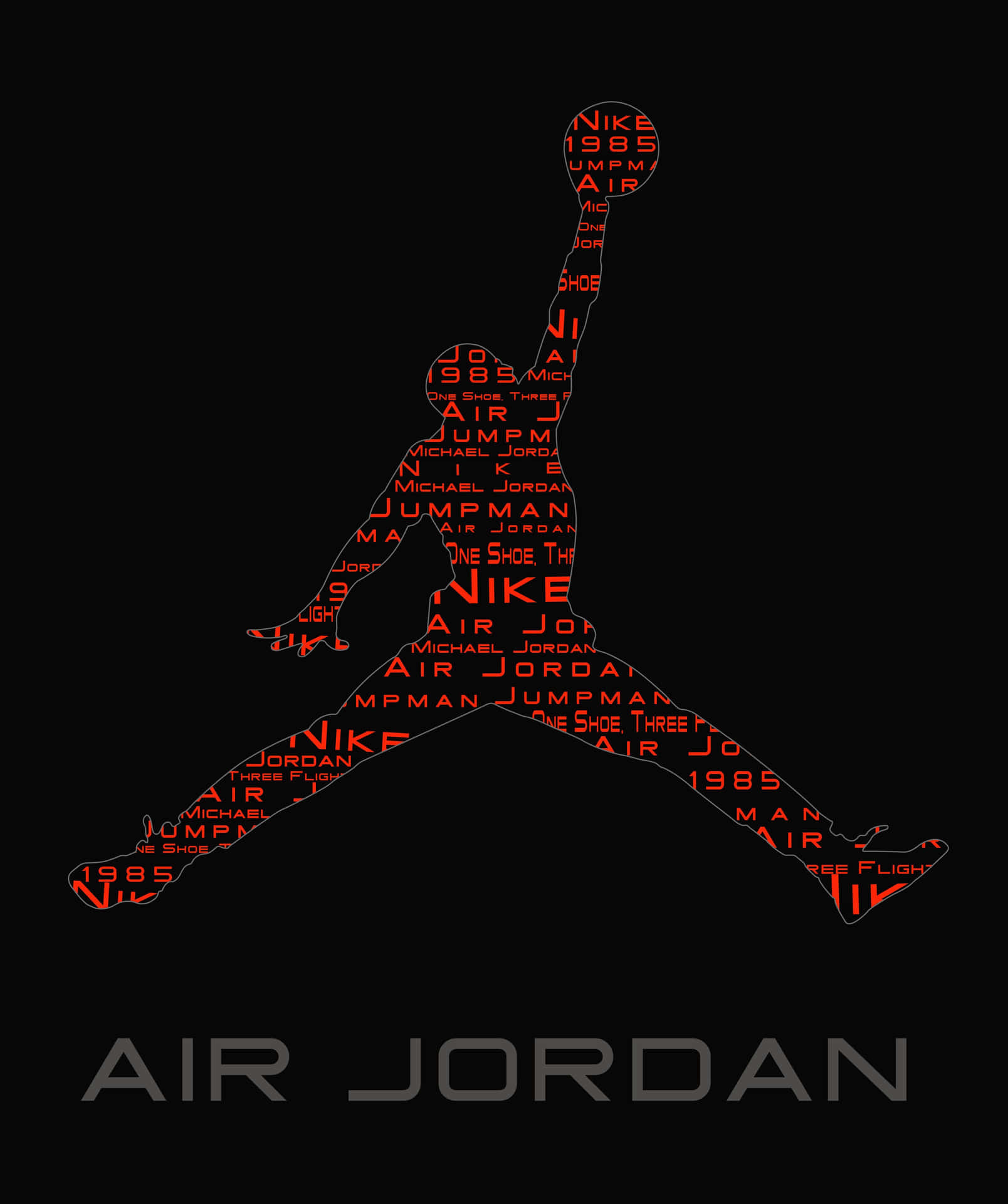 紅色文字填充的麥可喬丹灌籃剪影，黑色背景，下方有「Air Jordan」文字。 — Air Jordan 壁紙