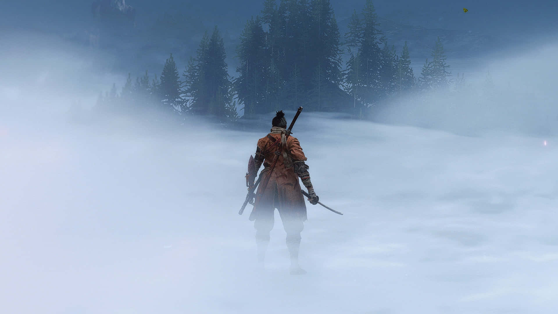 壁紙 — 一位身穿紅色盔甲的孤獨武士戰士穿過濃厚的雪霧，走向遠處的松樹林。