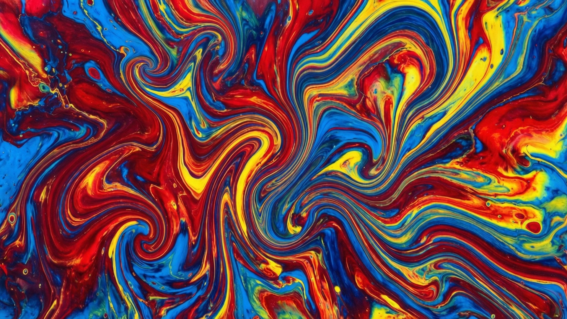 Reaction Swirls 壁紙 — 紅色、藍色和黃色顏料的鮮豔漩渦圖案在流動的抽象構圖中動態混合。