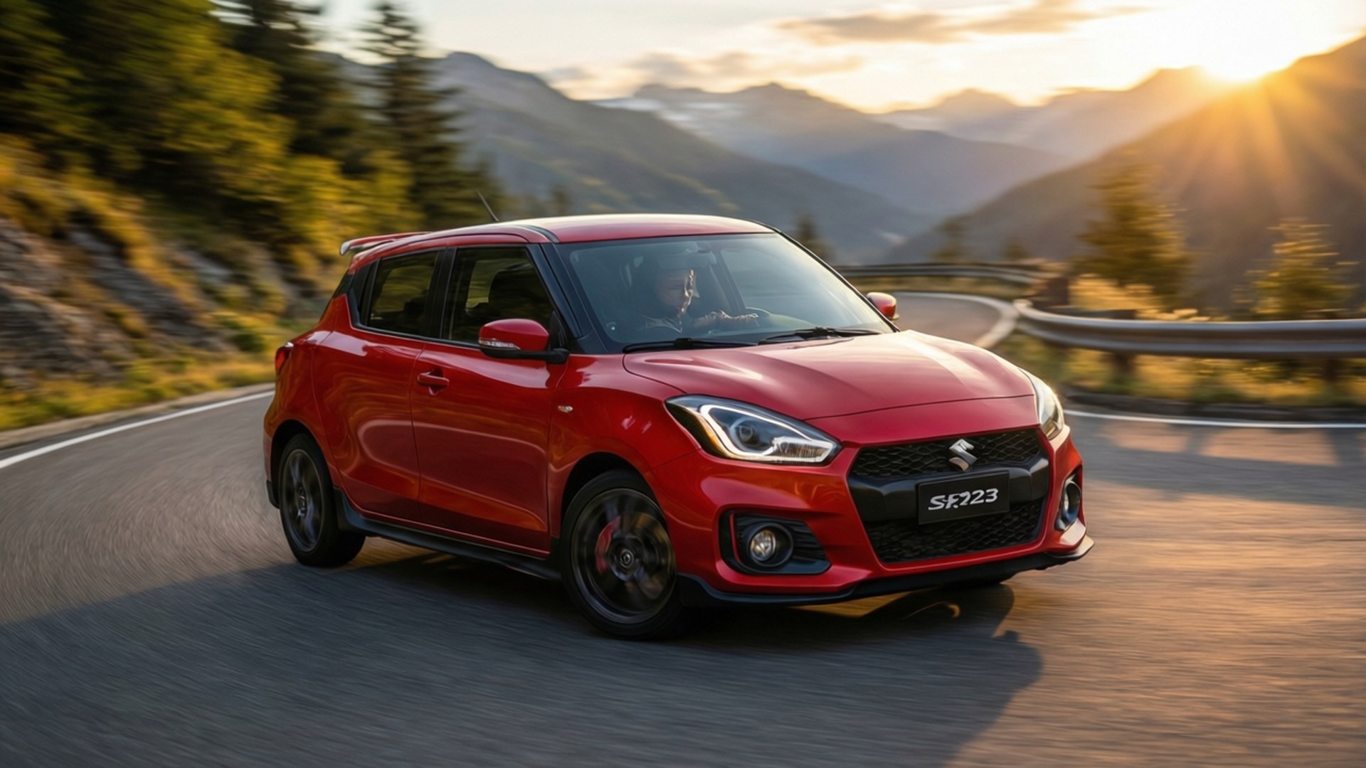 Swift Sport Mountain Rush 壁紙 — 一輛鮮紅色的鈴木 Swift 2023 在日落時分沿著蜿蜒的山路行駛，金色的光芒照亮了山峰和樹木。