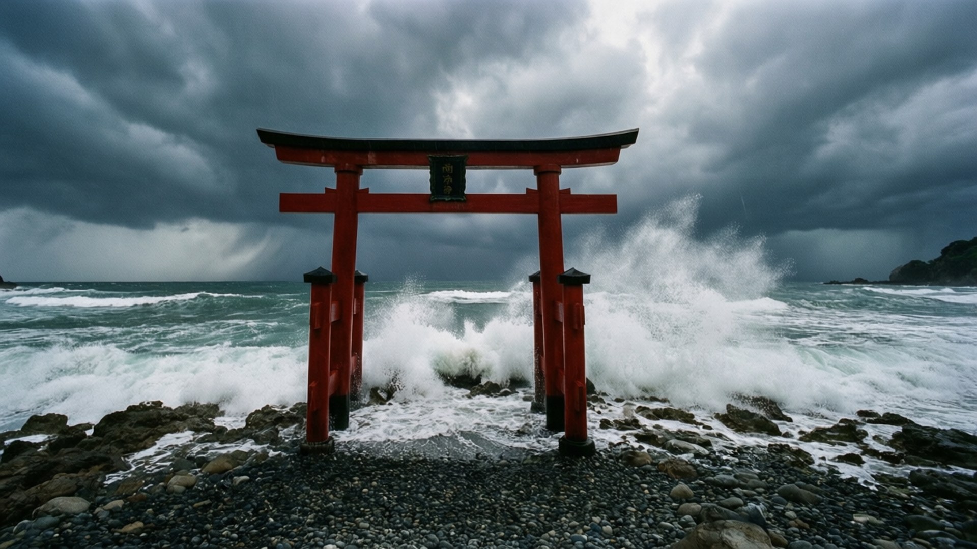 Coastal Torii Storm 壁紙 — 一座鮮紅色的日本鳥居門在岩石海岸上堅定地矗立，洶湧的海浪在陰沉的暴風雨天空下翻騰。