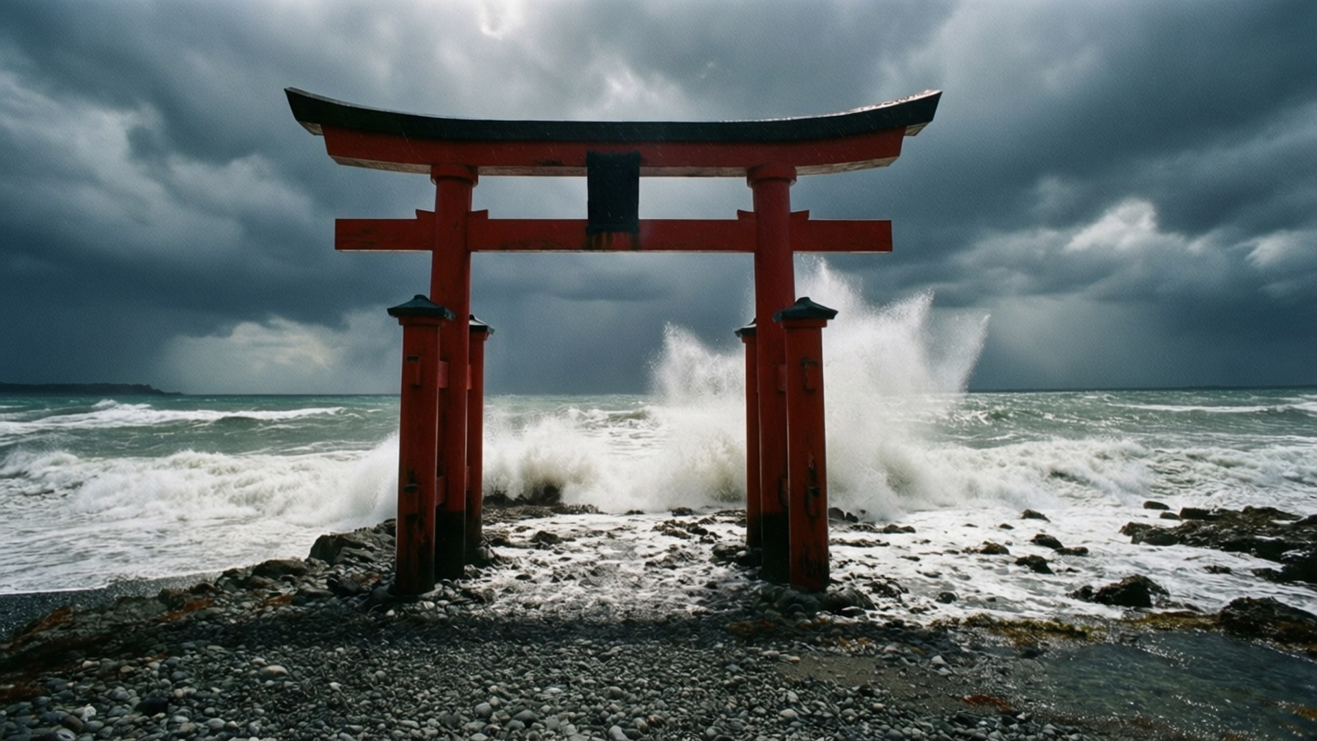 Coastal Torii Storm 壁紙 — 一座鮮紅色的日本鳥居在岩石海岸上傲然屹立，巨大的海浪在暴風雨般的灰色天空下猛烈拍打著它。