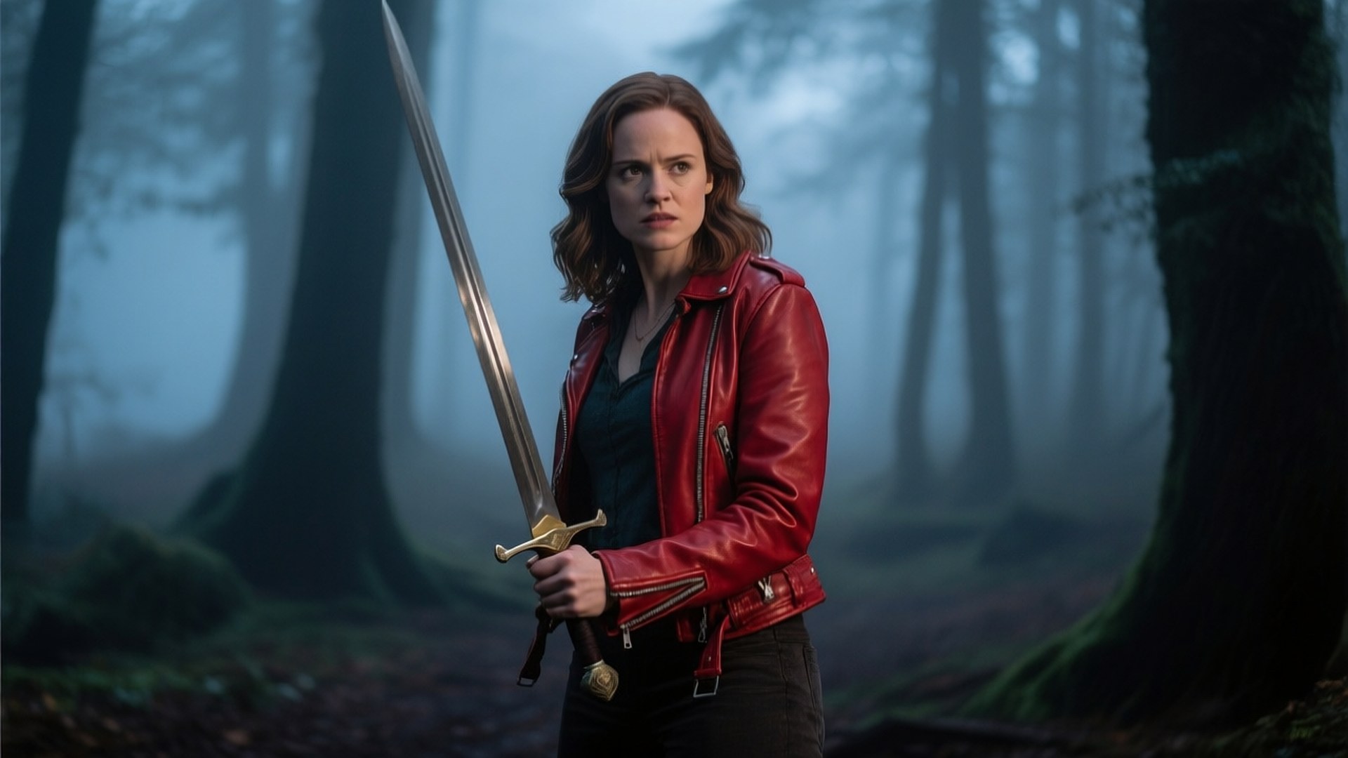Emma Swan Heroine 壁紙 — 一位身穿紅色皮夾克的女性在迷霧森林中手持閃閃發光的劍，周圍是高聳的樹木。