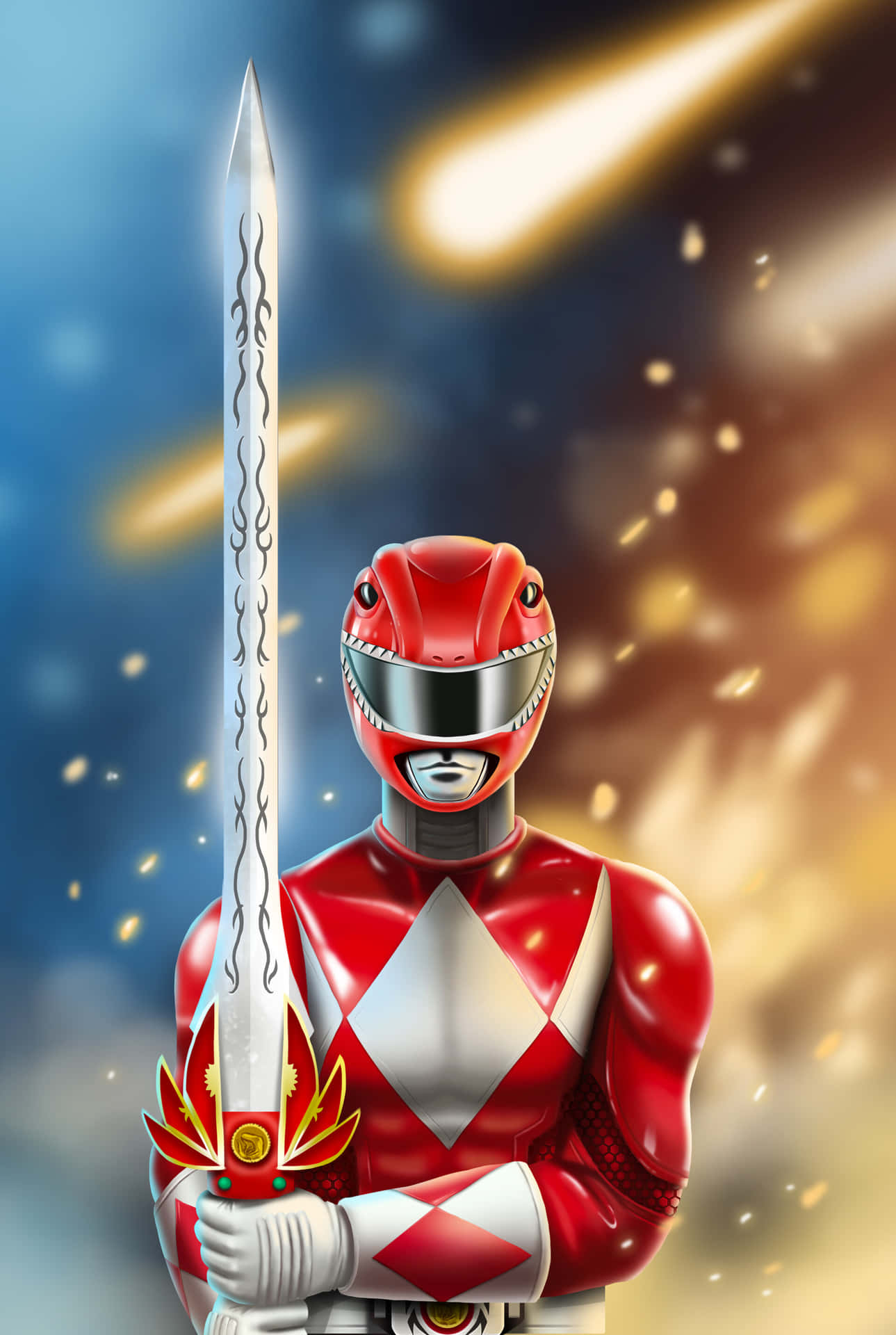  壁紙 — 紅色Power Ranger英雄式站立，手持發光劍，背景是宇宙和劃過的流星。