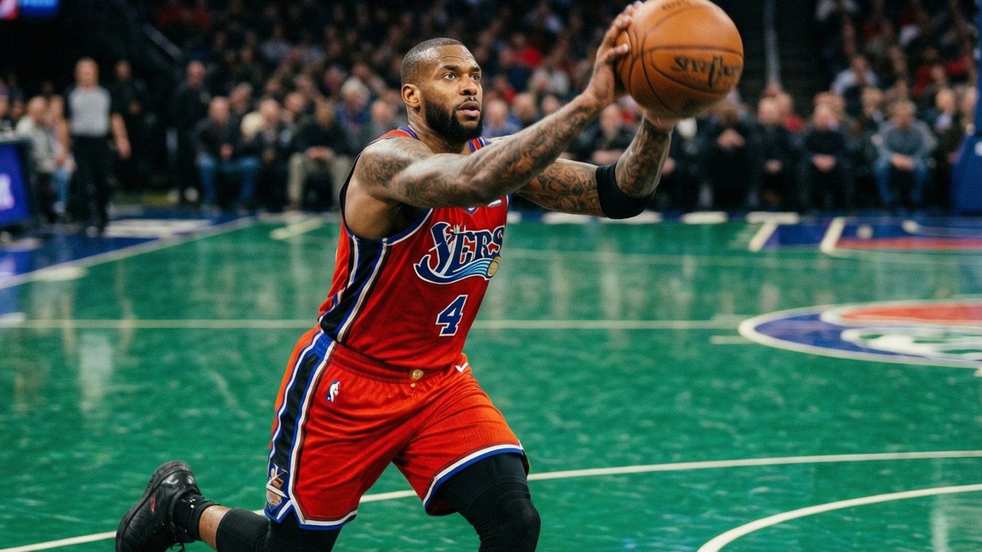 76ers Run and Catch 壁紙 — 一名身穿紅色球衣、背號四號的籃球運動員在綠色球場上運球比賽。