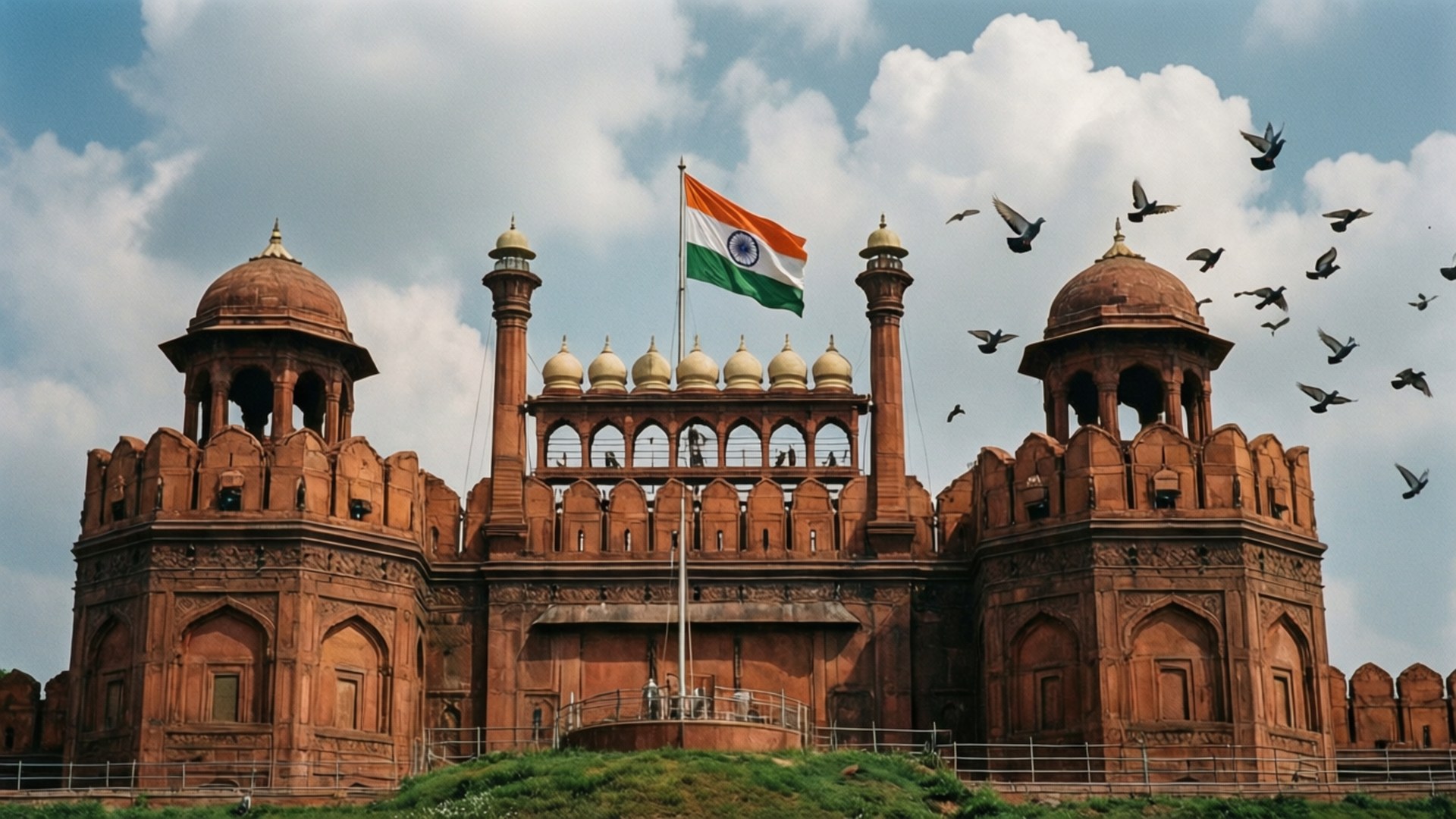 Flag at Red Fort 壁紙 — 紅色砂岩歷史堡壘，頂部飄揚著印度國旗，鳥兒在陰雲密布的天空中飛翔。