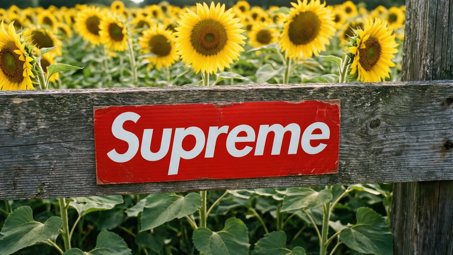 Sunflower Field Supreme 壁紙 — 一個紅色Supreme標誌牌安裝在風化的木柵欄上，背後是一片鮮黃色的向日葵田。