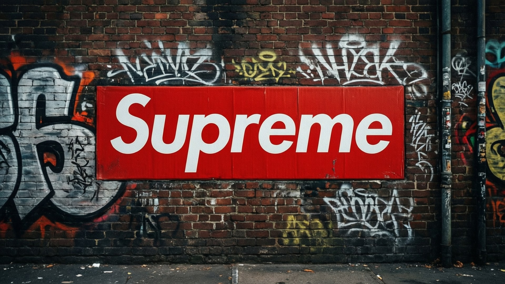 Brick Wall Supreme 壁紙 — 一個大膽的紅色Supreme標誌牌，安裝在一個佈滿彩色塗鴉的風化磚牆上。