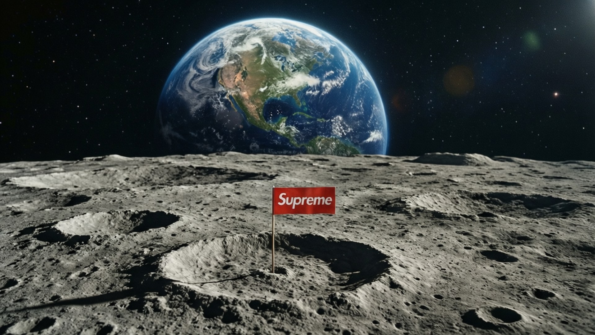 Supreme Moon Landing 壁紙 — 一面紅色Supreme旗幟插在月球布滿隕石坑的表面，背景中地球升起。