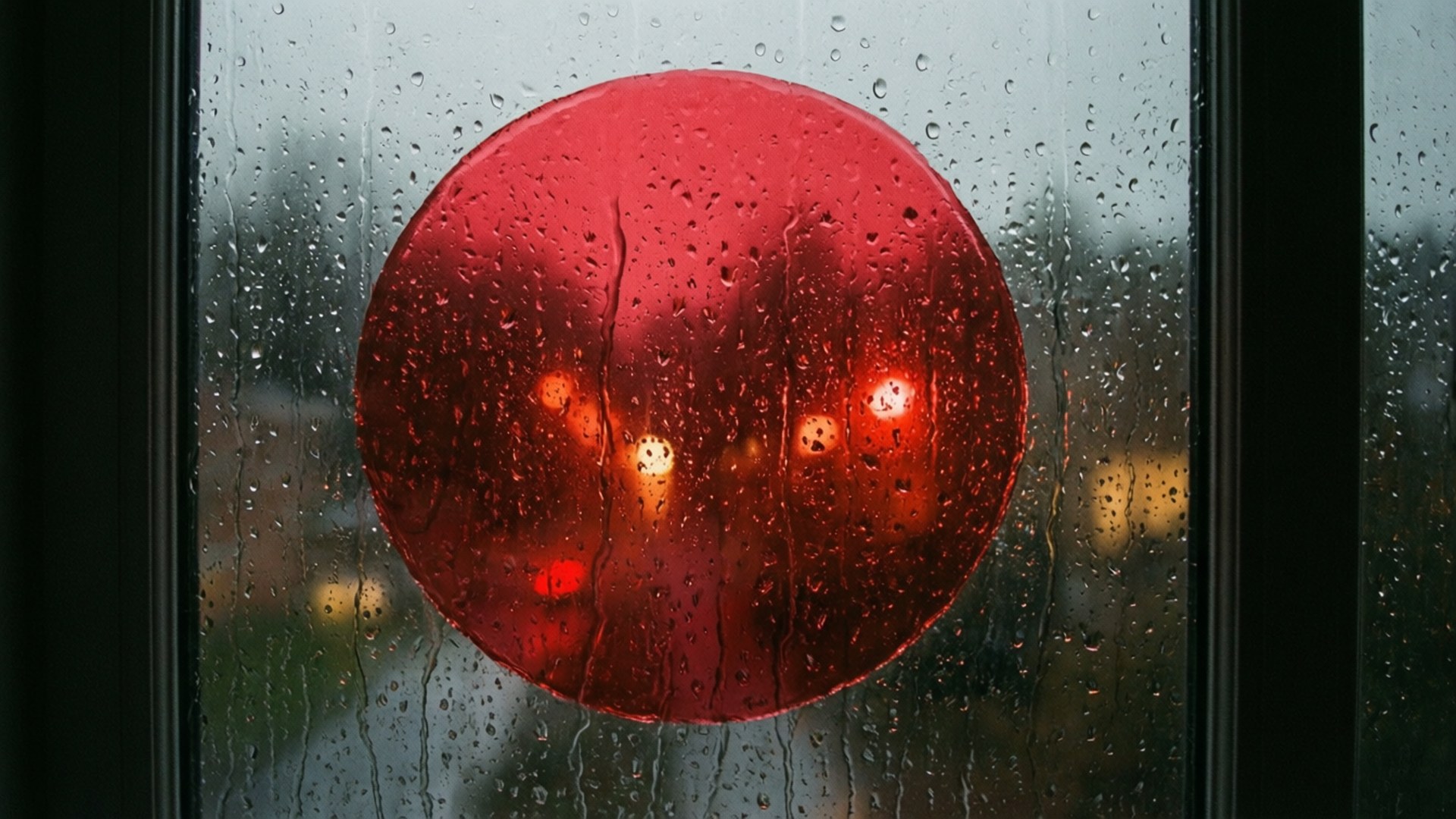 Red Circle Through Rainy Window 壁紙 — 一個鮮紅色的圓形燈光穿過佈滿雨點的窗戶發光，背後是模糊的城市燈光。