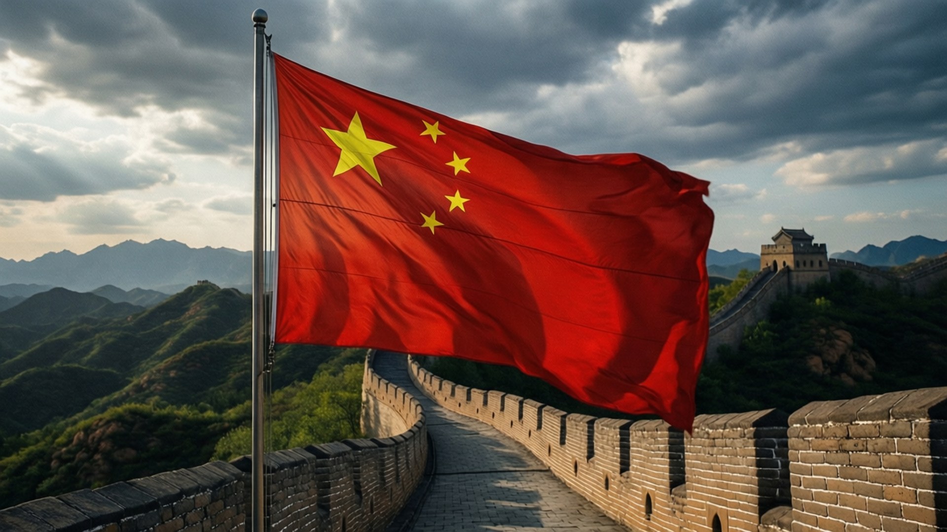 Five Stars on the Wall 壁紙 — 一面鮮豔的紅色中國國旗，帶有黃色星星，在古老的石牆長城上迎風飄揚，背景是戲劇性的多雲天空。
