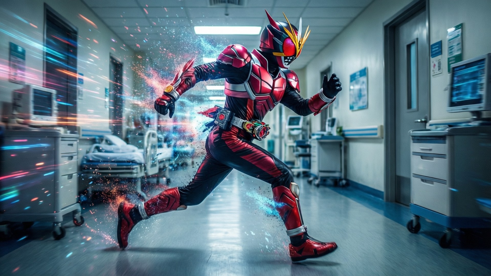 kamen rider 桌布 壁紙 — 一位紅色裝甲超級英雄衝過醫院走廊，身體爆發出發光的能量痕跡。