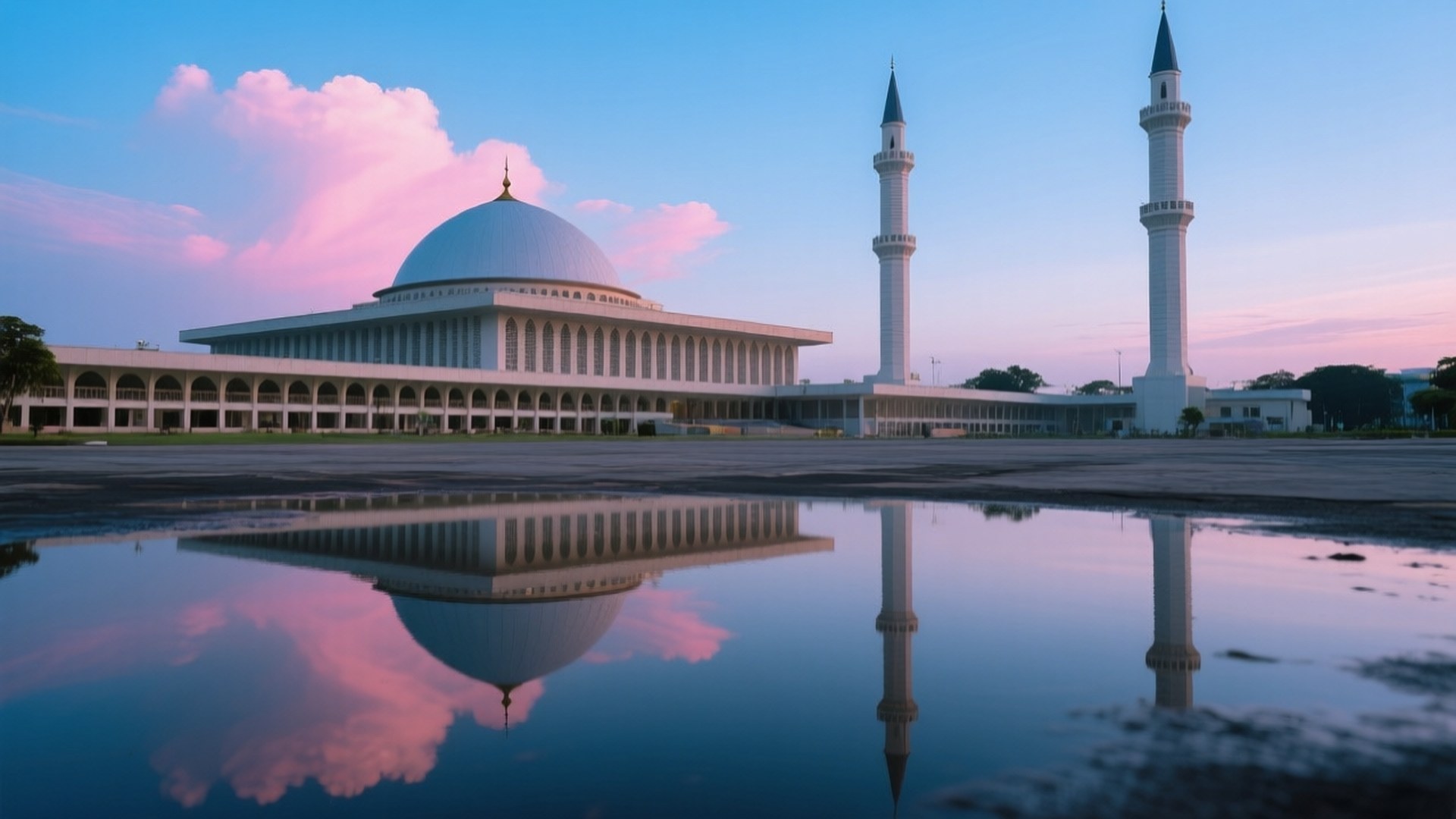 Istiqlal Dawn Reflection 壁紙 — 一座宏偉的白色清真寺，擁有雙宣禮塔，在粉紅色和藍色的暮色天空下，完美地倒映在淺水坑中。