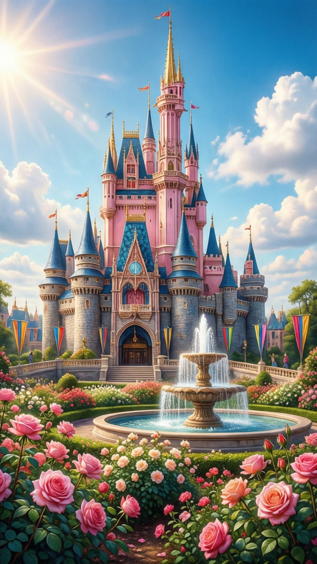 Enchanted Fairy Castle 壁紙 — 一座宏偉的粉紅色城堡，帶有藍色尖頂和金色點綴，矗立在明媚的陽光下，周圍環繞著噴泉和盛開的玫瑰園。