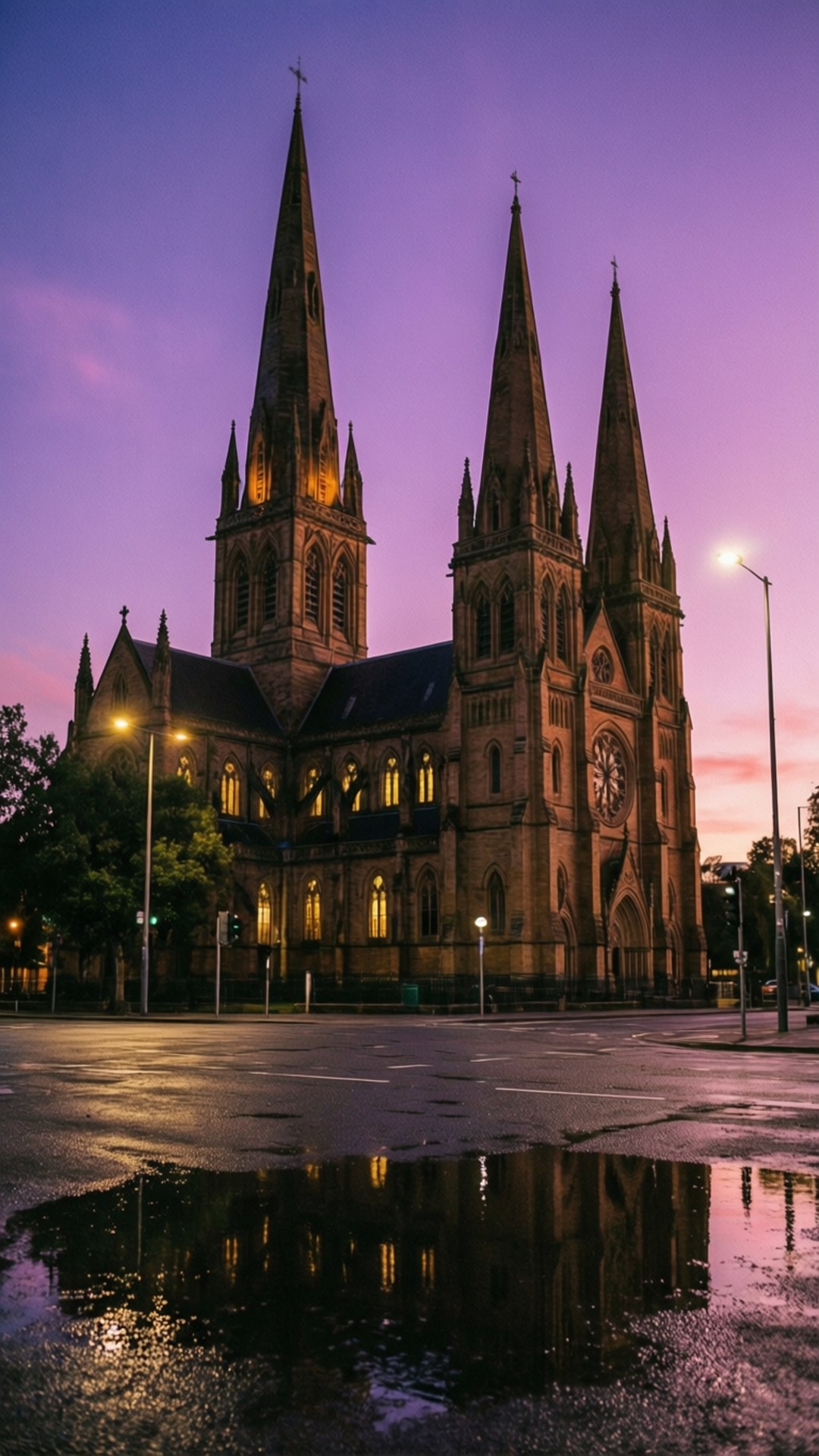 St Peter's Cathedral Twilight 壁紙 — 一座宏偉的哥德式大教堂，有三座尖塔，在暮色天空下被照亮，溫暖的燈光反射在下方雨水浸濕的水坑中。