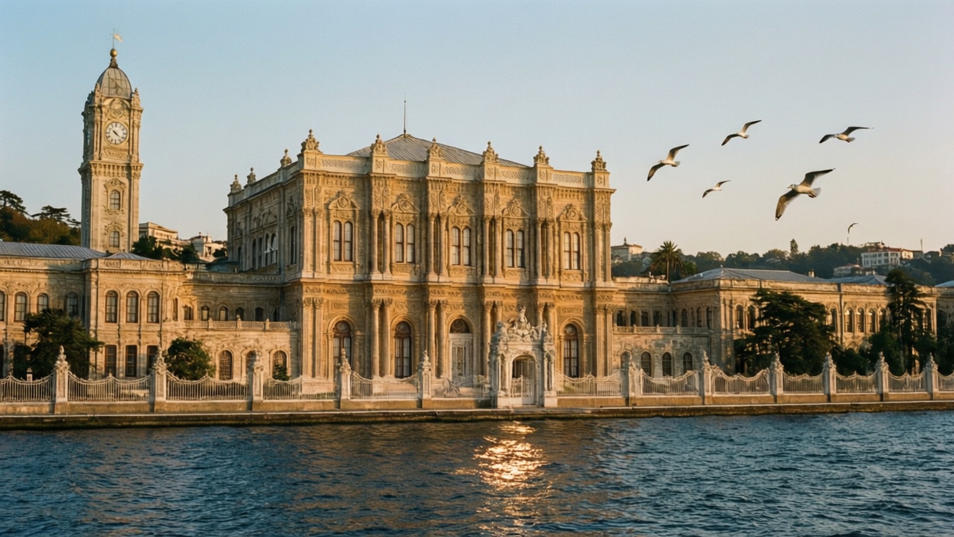 Dolmabahçe Palace Golden Hour 壁紙 — 宏偉的歷史建築物帶有鐘樓，矗立在水邊，海鷗在金色時刻於頭頂翱翔。