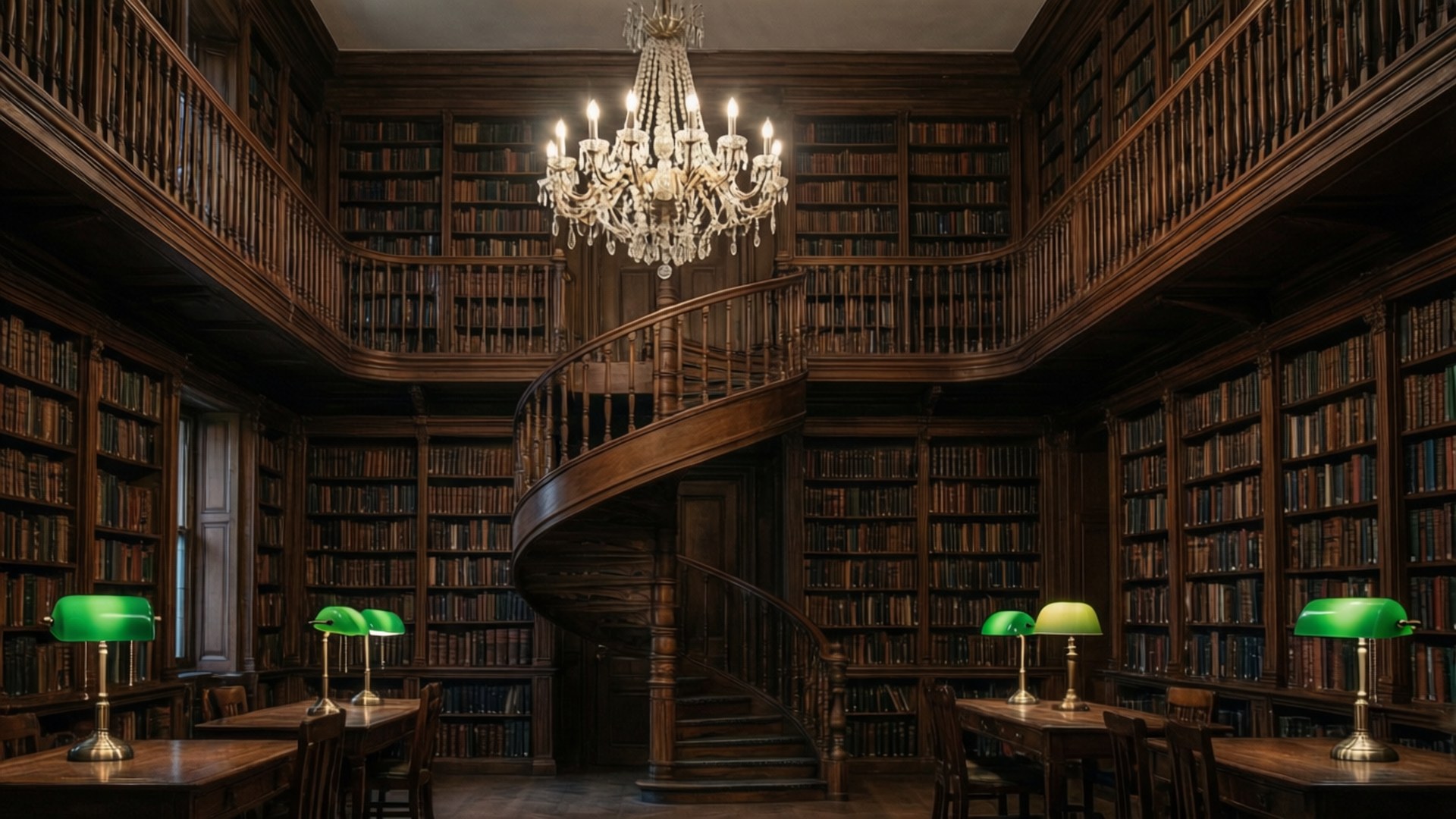 Grand Library Hall 壁紙 — 一座宏偉的木質圖書館，擁有高聳的書架、螺旋樓梯和綠色桌燈，上方懸掛著水晶吊燈。