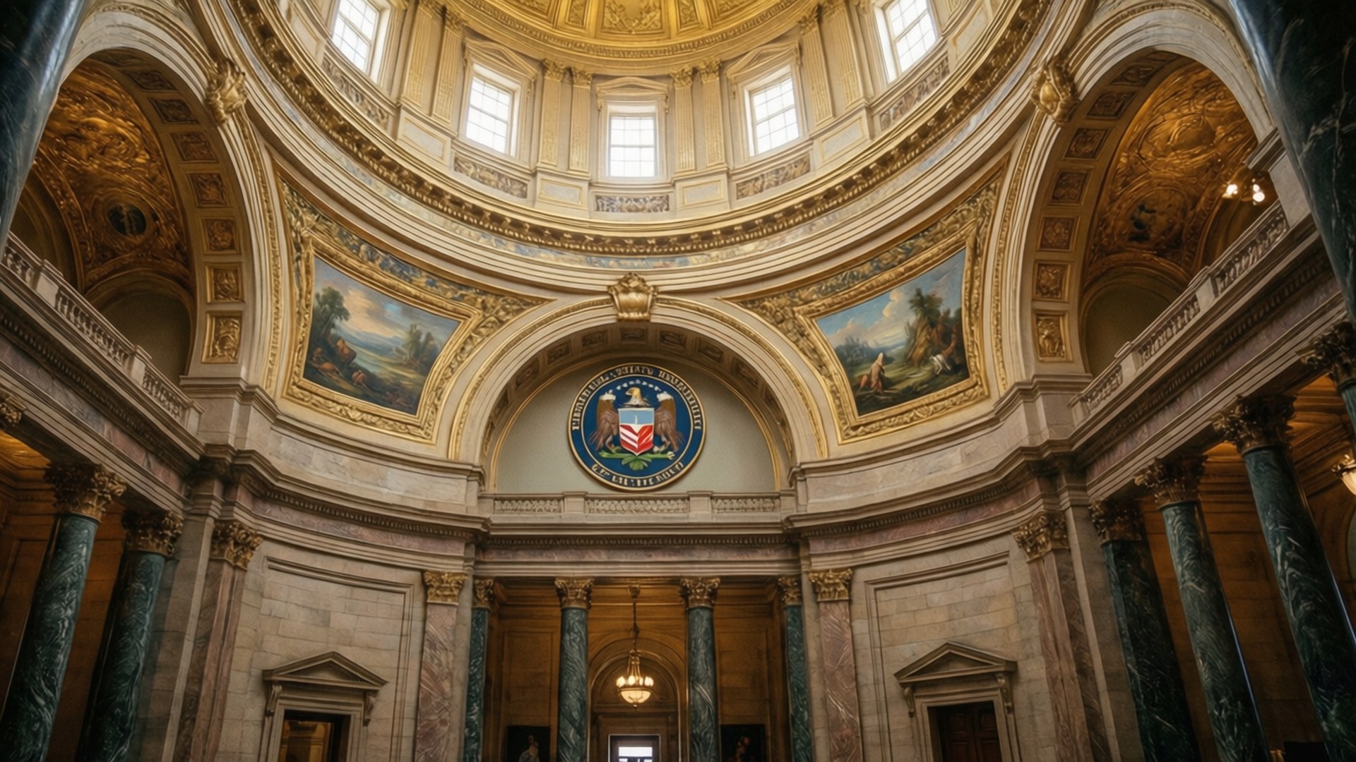 State Capitol Rotunda 壁紙 — 宏偉的圓形大廳，配有大理石柱、金色裝飾和繪畫，位於帶有天窗的圓頂天花板下。