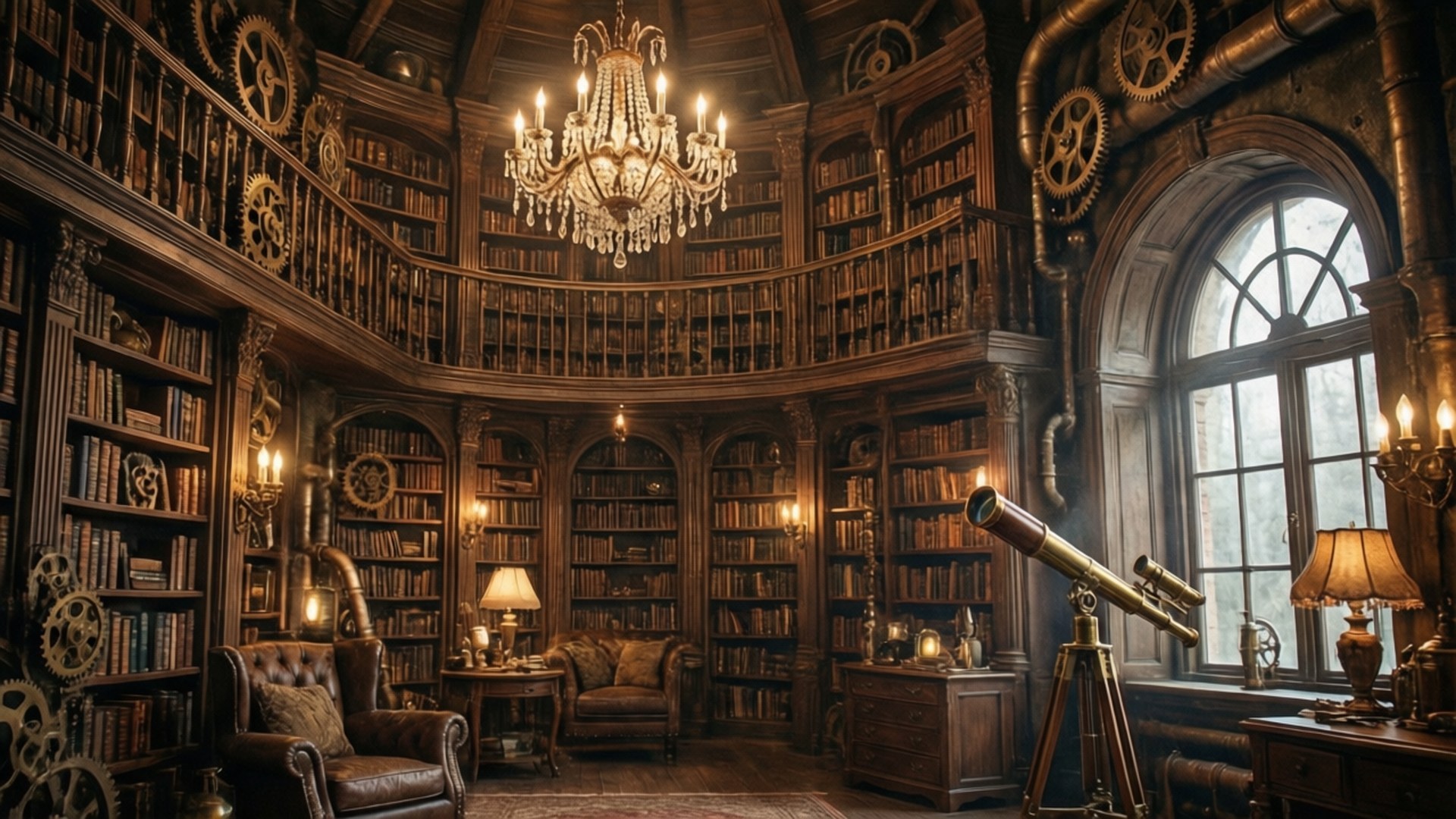 Steampunk Library 壁紙 — 一個宏偉的圓形圖書館，擁有高聳的木書架、齒輪、吊燈和望遠鏡，沐浴在溫暖的燭光中。