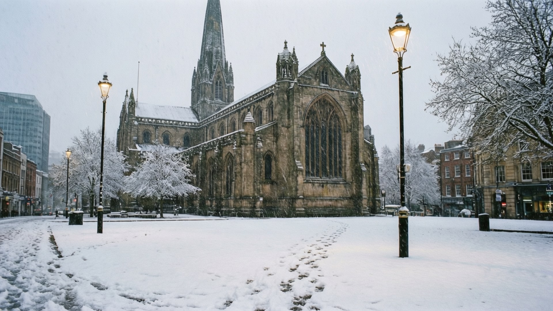 Snow at St Philip's 壁紙 — 一座宏偉的哥德式大教堂矗立在寧靜的城市廣場上，被雪覆蓋，腳印在飄雪中通向其石砌外牆。