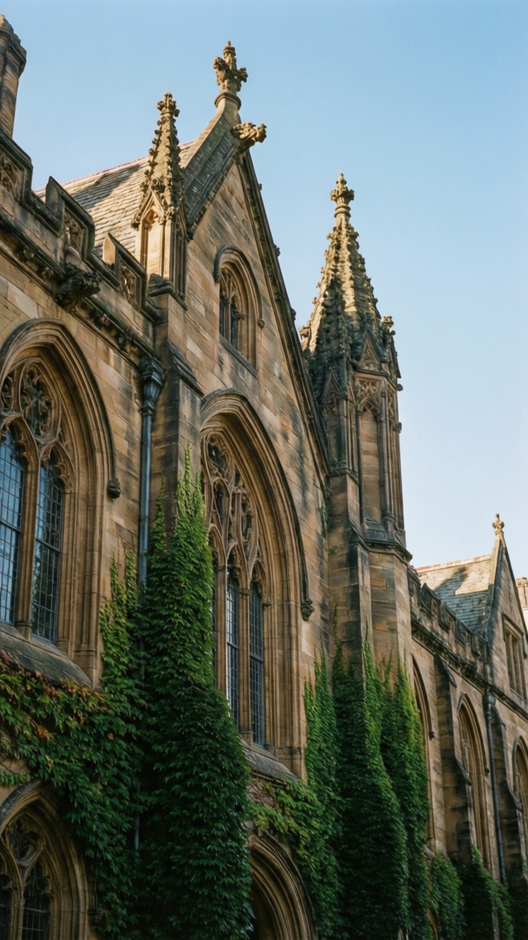 University Gothic Detail 壁紙 — 一座宏偉的哥德式石造建築，擁有尖頂和拱形窗戶，在晴朗的藍天下部分被茂密的綠色常春藤覆蓋。