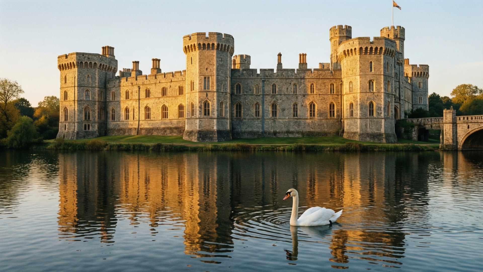Windsor Castle Sunrise 壁紙 — 一座宏偉的石城堡，帶有塔樓和拱形窗戶，倒映在平靜的水面上，一隻白天鵝在黃金時刻附近滑行。
