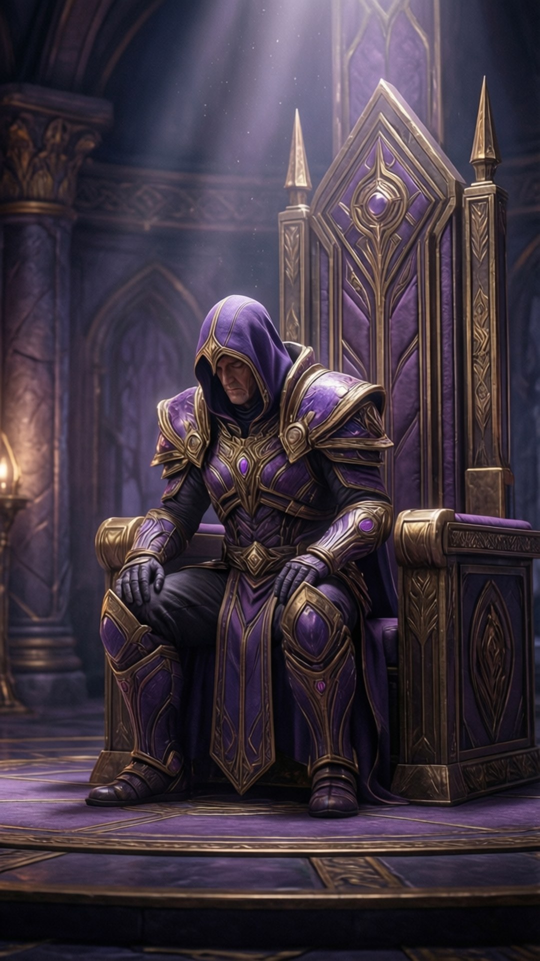 Arbiter's Kneeling 壁紙 — 一個戴著兜帽的裝甲人物莊嚴地坐在一個宏偉的紫色王座上，身處一個光線昏暗、帶有金色點綴和柔和光束的大教堂式房間。
