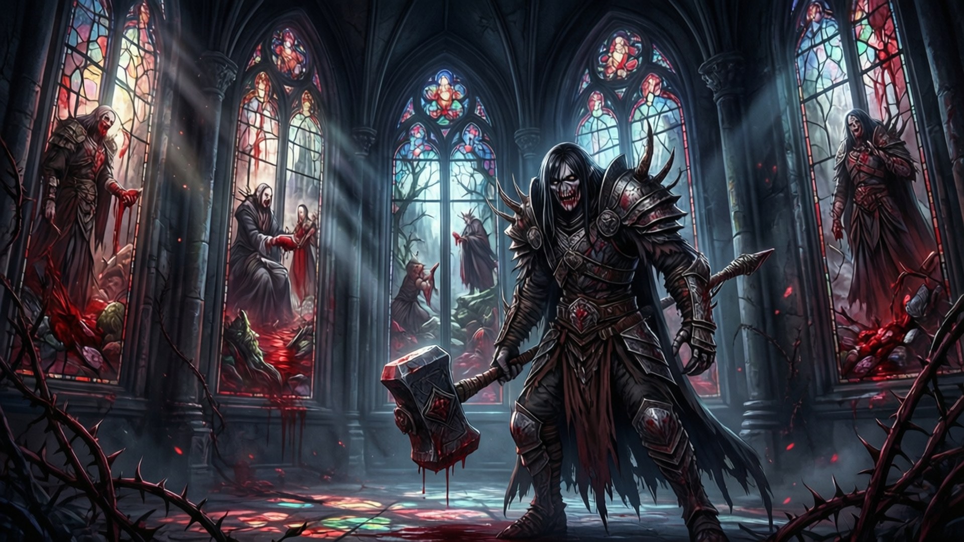 Stained Glass Battle 壁紙 — 一個戴著兜帽的裝甲戰士在哥德式大教堂中揮舞著血淋淋的錘子，彩色玻璃窗上顯示著可怕的場景和荊棘藤蔓。