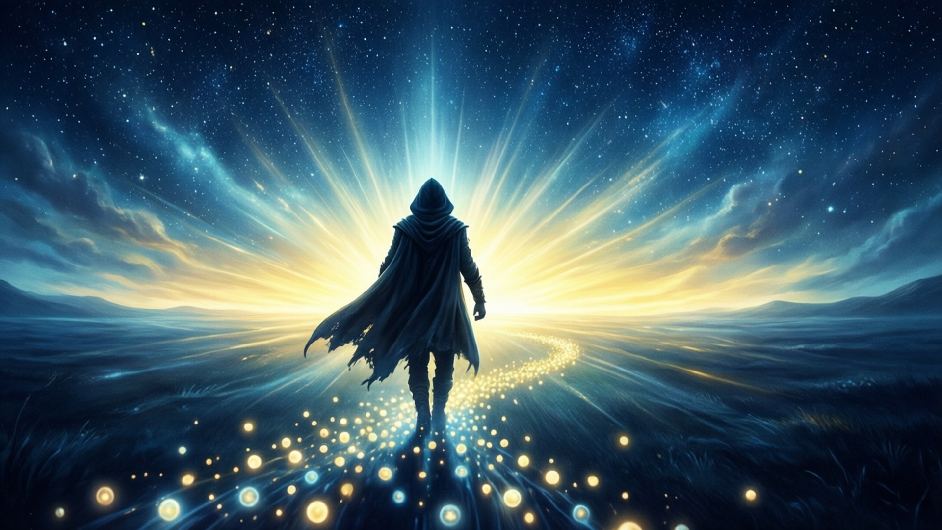 Altruism 桌布 壁紙 — 一個戴著兜帽的人物沿著一條發光的小徑，穿過星光燦爛的暮色景觀，地平線迸發出耀眼的光芒。