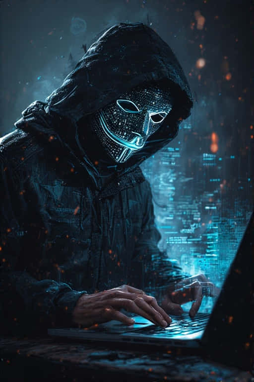 一個戴面具的駭客在夜晚的雨中霓虹城市中在筆記型電腦上打字。 — 4K 壁紙