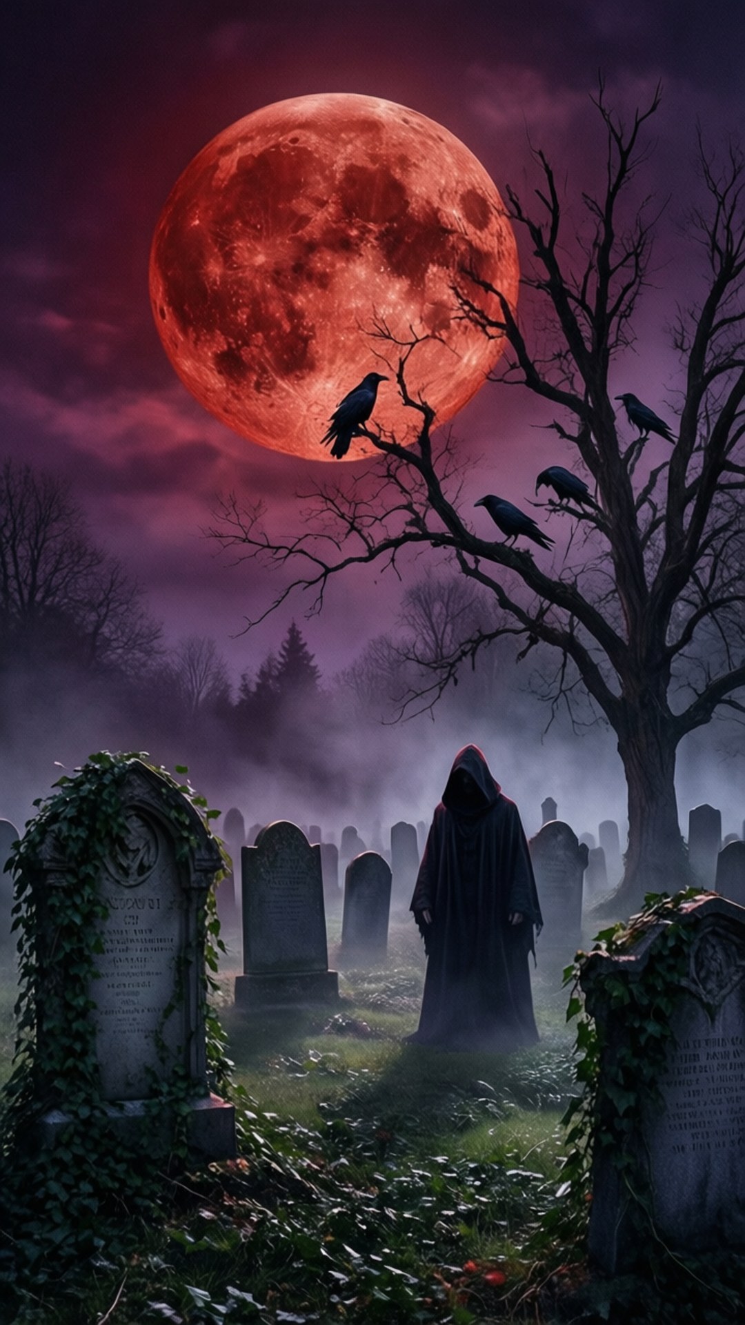 Blood Moon Graveyard 壁紙 — 一個戴著兜帽的身影站在霧氣瀰漫的墓地中，頭頂是一輪巨大的血紅色月亮，烏鴉棲息在光禿禿的樹上。