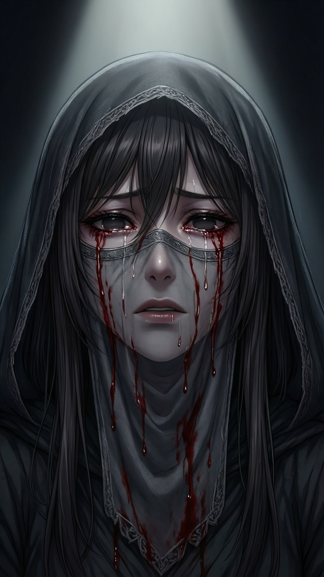 Tears of Blood 壁紙 — 一個戴著兜帽的人物，在強烈的聚光燈下，眼睛和嘴巴流著血，背景黑暗。