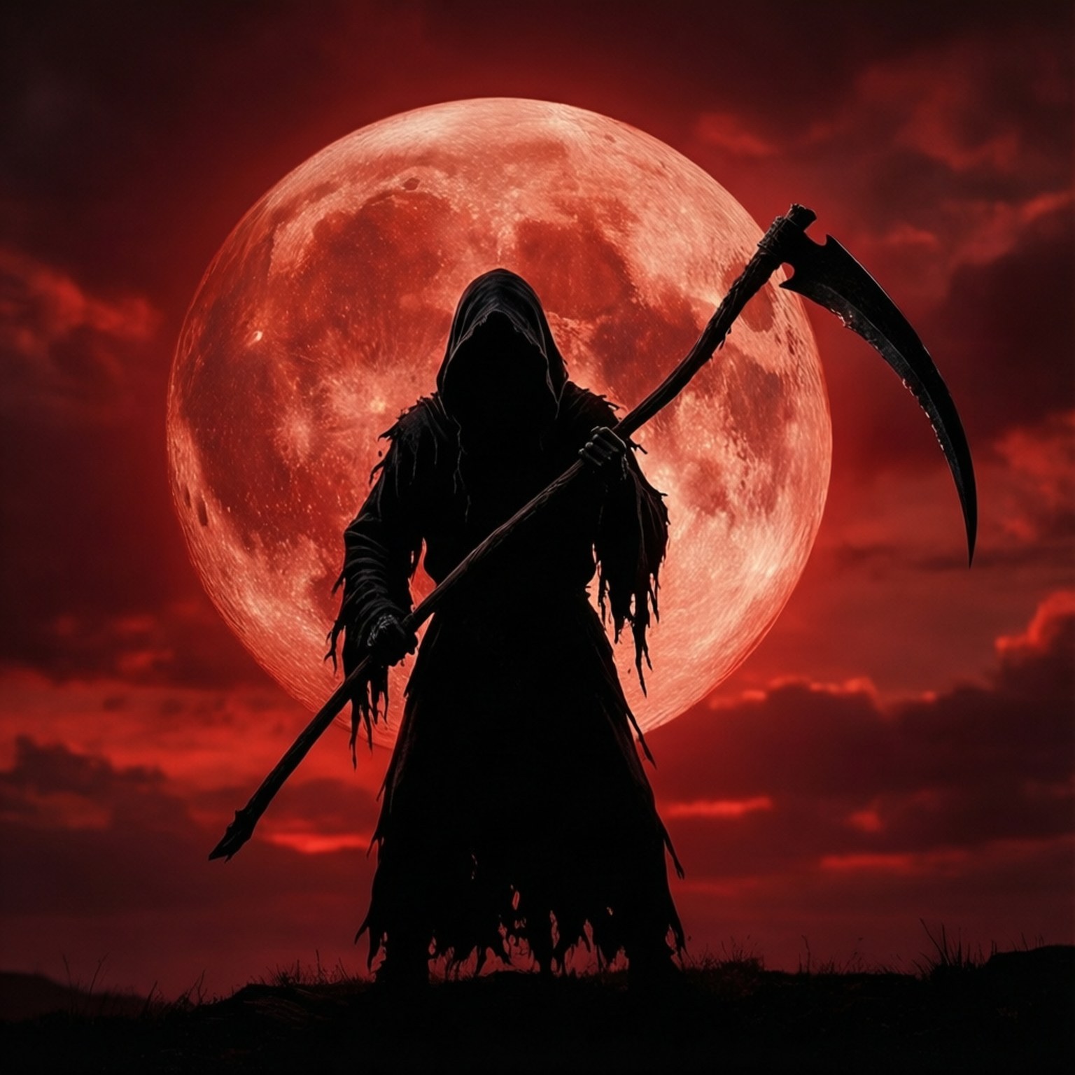 Blood Moon Reaper 壁紙 — 一個戴著兜帽的死神剪影，在熾熱的深紅色天空中揮舞著鐮刀，對抗巨大的血紅色月亮。