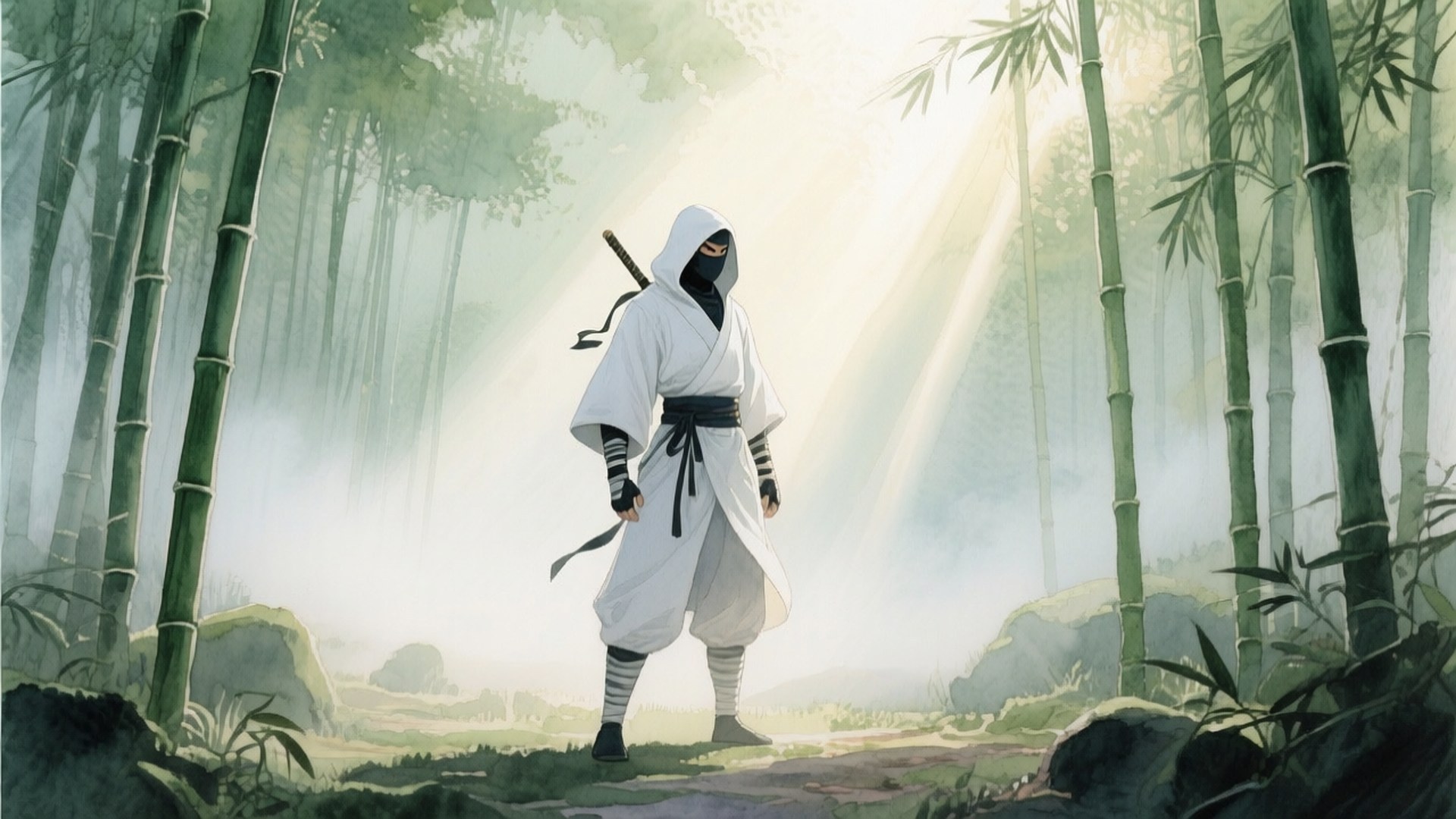 White Ninja Bamboo Forest 壁紙 — 一個戴著兜帽、身穿白色長袍的忍者，在霧氣瀰漫的竹林裡蓄勢待發，金色陽光穿透樹冠。