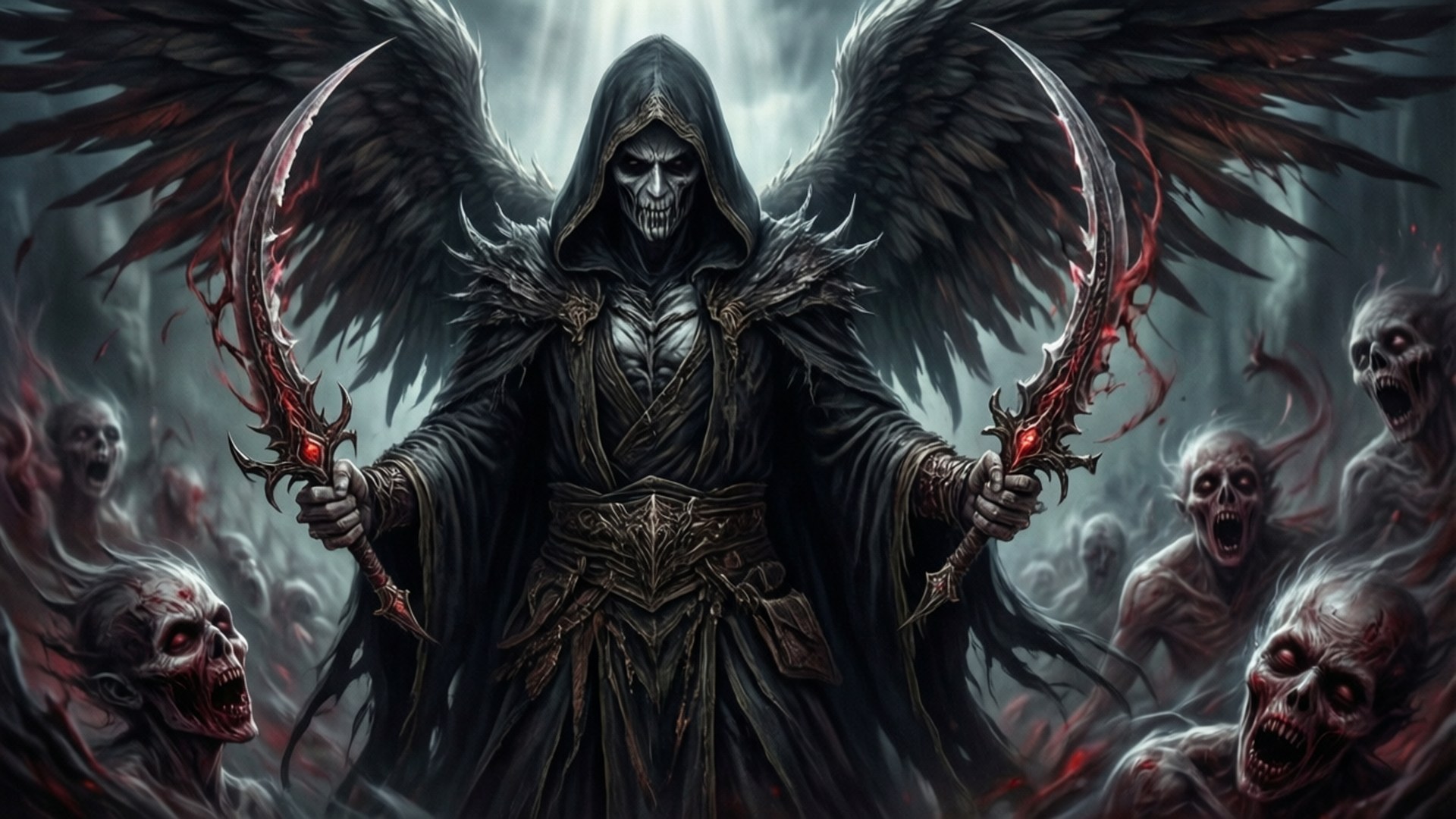 Malthael Reaper of Souls 壁紙 — 一個戴著兜帽的骷髏身影，擁有巨大的黑色翅膀，在暴風雨的陰暗環境中，揮舞著發光的紅色鐮刀，周圍是一群尖叫的不死生物。