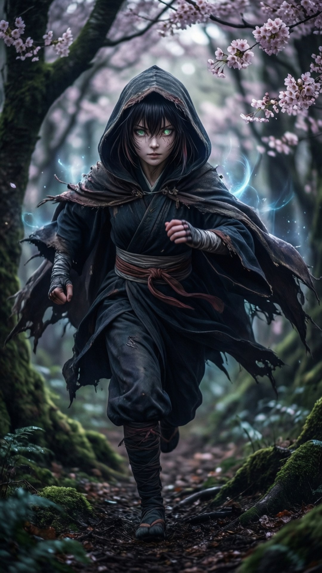 Mysterious Sakura 壁紙 — 一個戴著兜帽、眼睛發出綠光的戰士在長滿苔蘚的森林中奔跑，粉紅色的櫻花飄落。