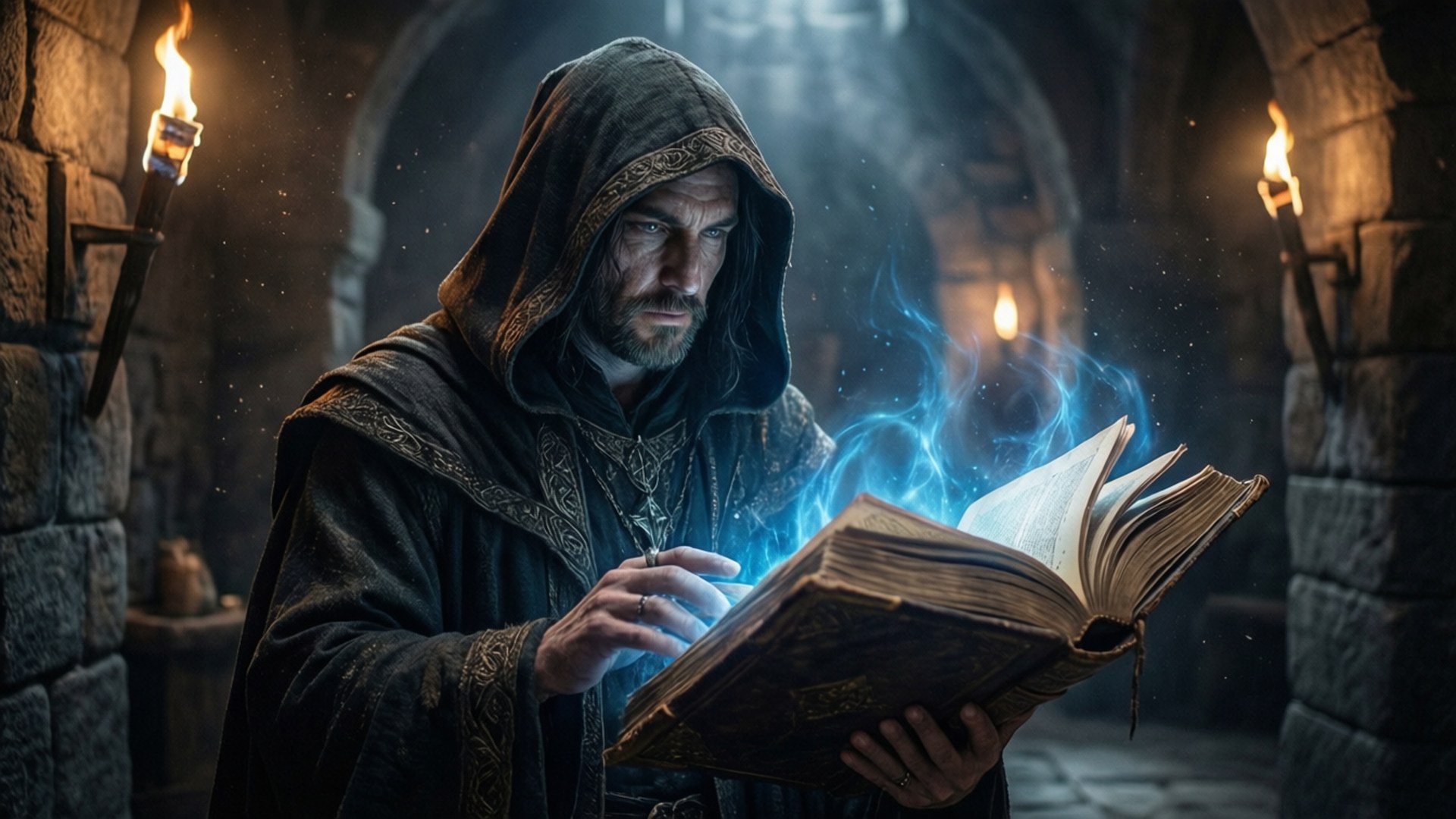 Blade And Sorcery 桌布 壁紙 — 一位戴著兜帽的巫師在石墓穴中，在搖曳的火炬光下，從一本古老發光的書中施展藍色魔法。