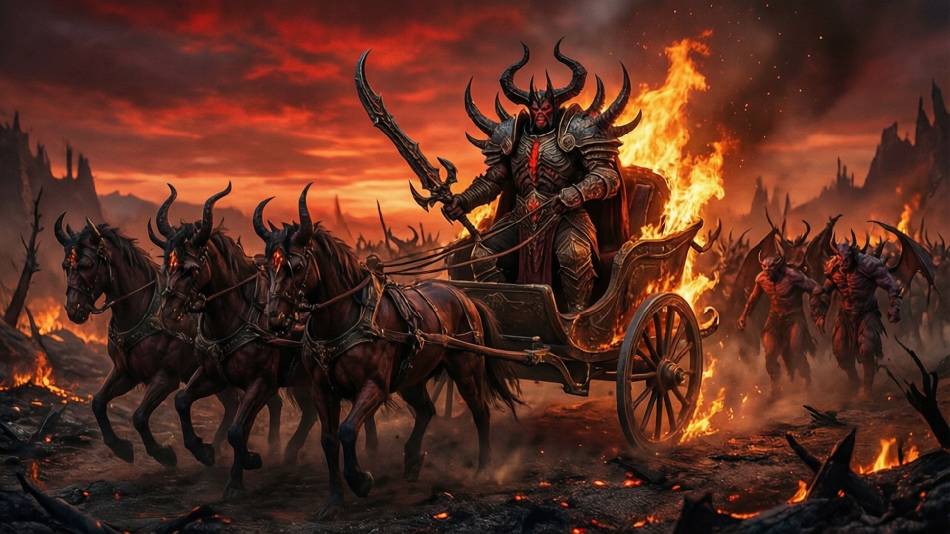 Demon Legion March 壁紙 — 一個有角的惡魔國王穿著尖刺盔甲，駕著一輛由三匹有角馬拉著的火焰戰車穿過燃燒的荒地。