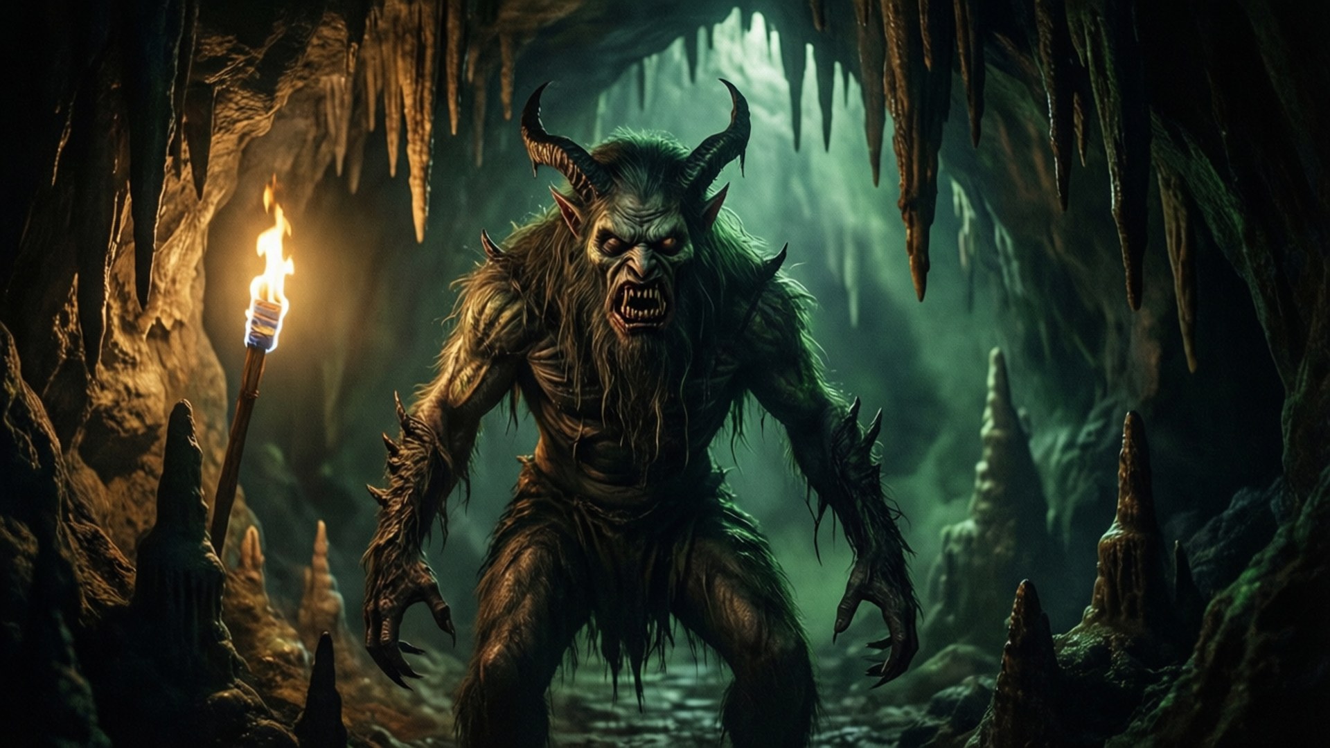 Cave Dweller 壁紙 — 一個有角的惡魔生物，眼睛發光，利爪鋒利，在黑暗的洞穴中手持火炬，威風凜凜地站立。