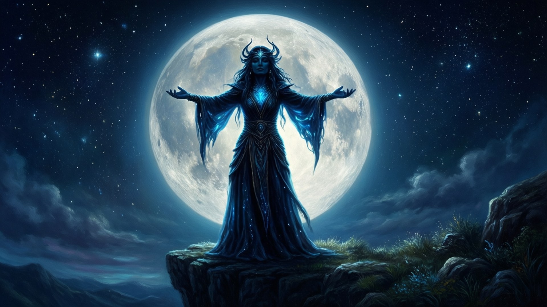 Moonlit Silhouette 壁紙 — 一個有角的巫師穿著飄逸的藍色長袍，在滿天星斗的巨大月亮下，站在懸崖頂上張開雙臂。