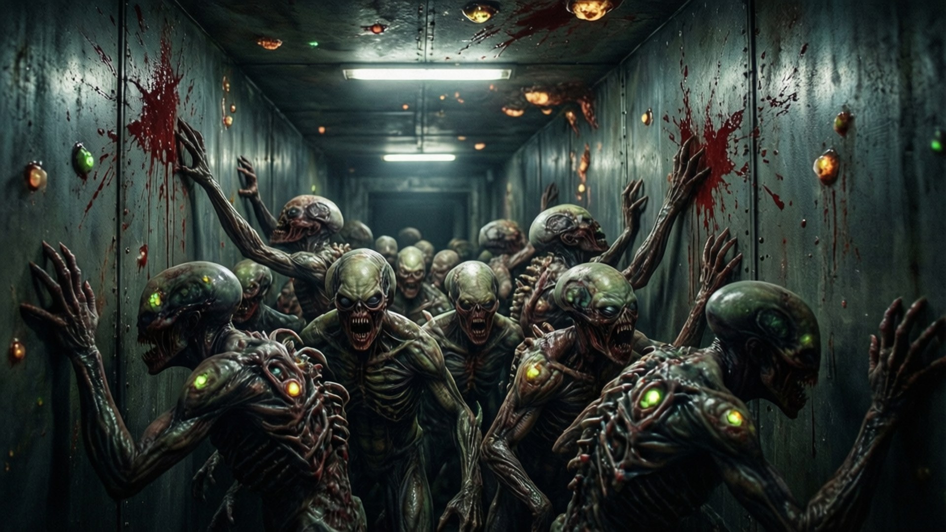 Necromorph Horde Approach 壁紙 — 恐怖外星人眼睛發光，肋骨外露，在閃爍燈光下衝破血跡斑斑的金屬走廊。
