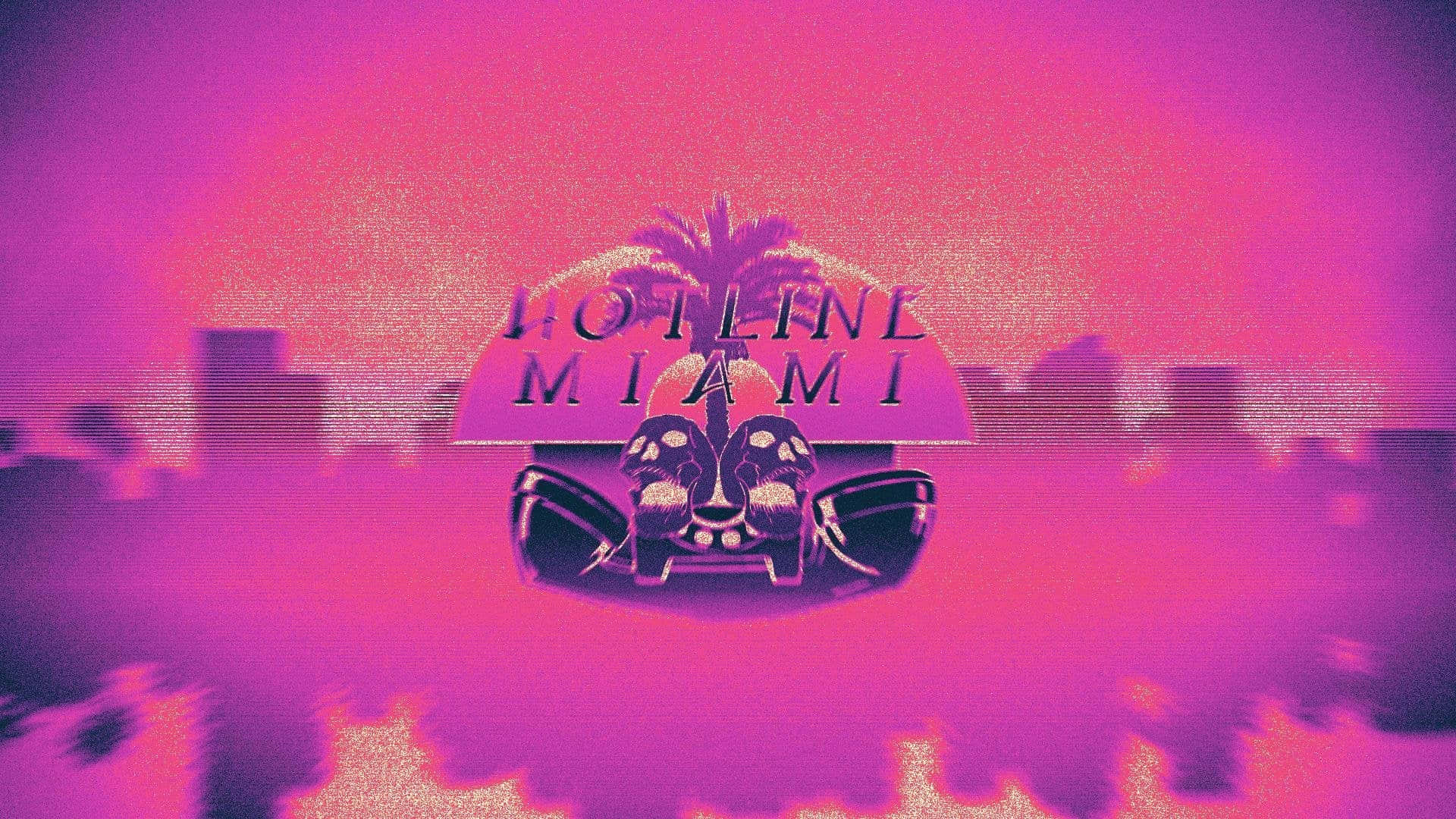 Hotline Miami 桌布 壁紙 — Hotline Miami 的復古電玩遊戲標誌，以骷髏車為特色，背景是帶有故障效果的粉紅和紫色城市天際線。