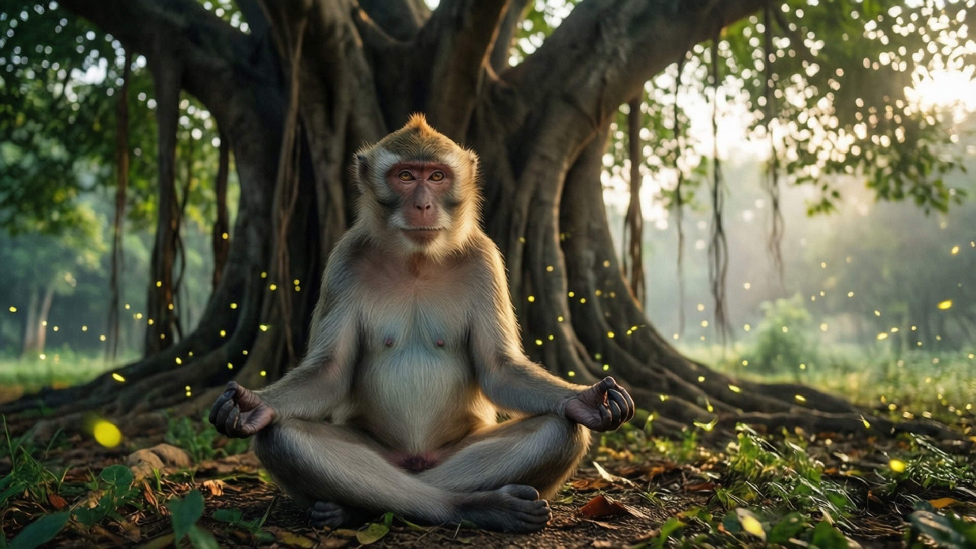 Meditating Monkey 壁紙 — 一隻猴子盤腿坐在一棵大樹下冥想，陽光穿過樹葉，周圍有發光的螢火蟲。