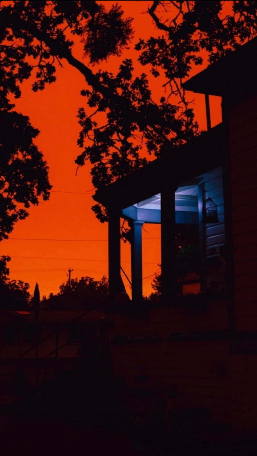  壁紙 — 房屋門廊在火熱橙色夕陽下呈現剪影，深色樹枝框住場景。
