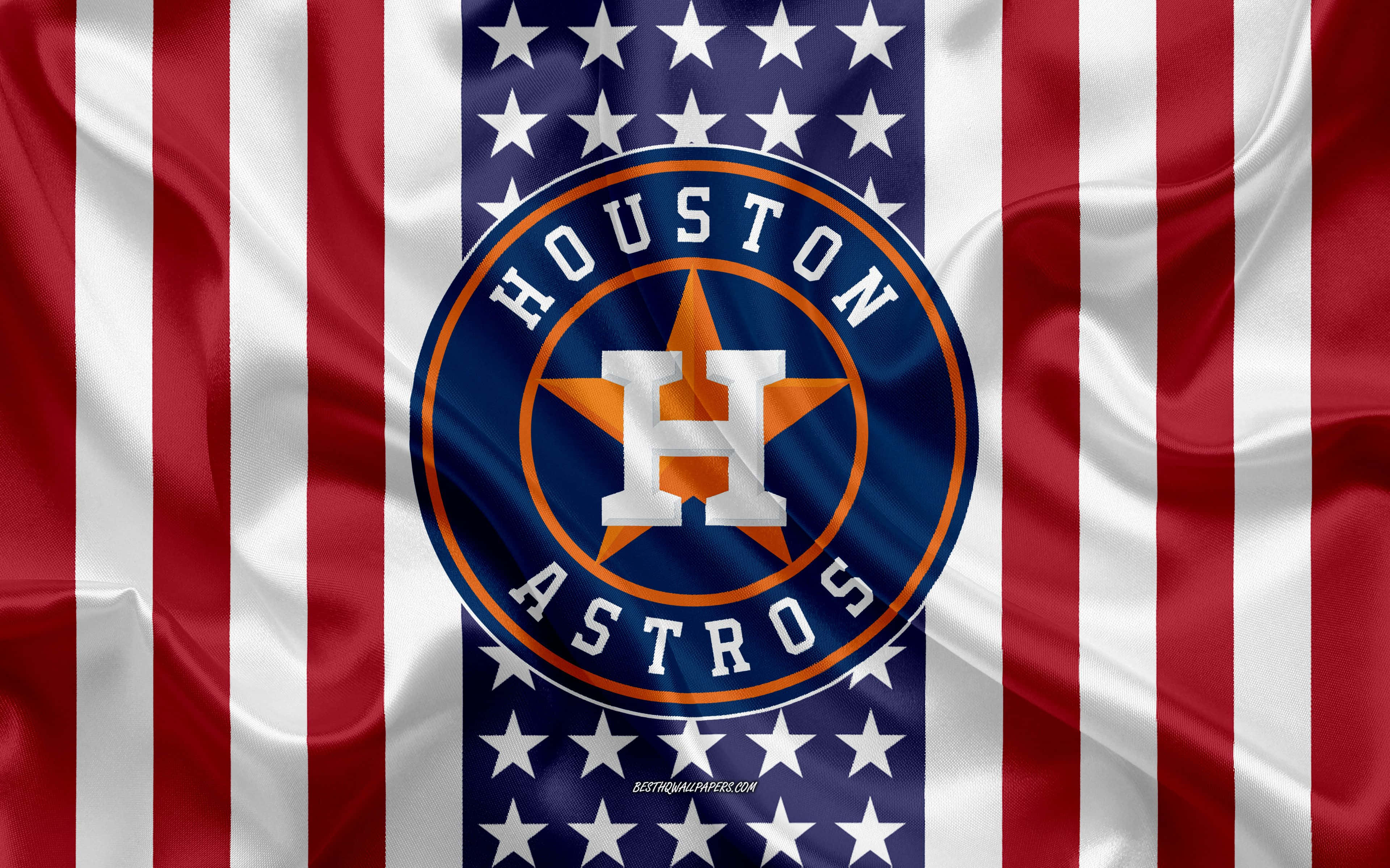 Astros 桌布 壁紙 — Houston Astros 標誌置於飄揚的美國國旗中央，國旗有紅、白、藍條紋和星星。